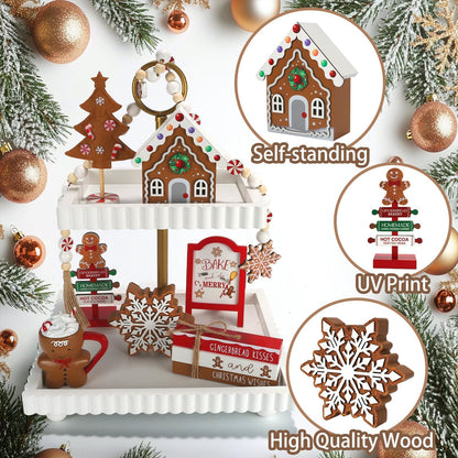 Gingerbread Christmas Decorations 8 PCS Tiered Tray Decor Set, Cute Tabletop Christmas Decor for Home Shelf Mantel Coffee Bar Office Xmas Table Centerpieces Tray Objects Holiday Baking
