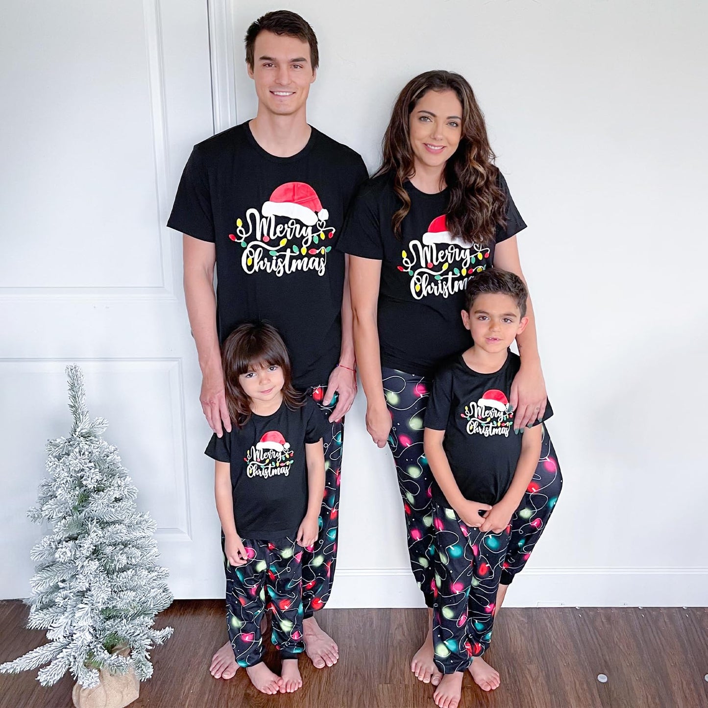 IFFEI Christmas Pajamas for Family Letter Print Matching Holiday PJ's Sets with Short Sleeve Tee and Pants Loungewear Men M Black Red