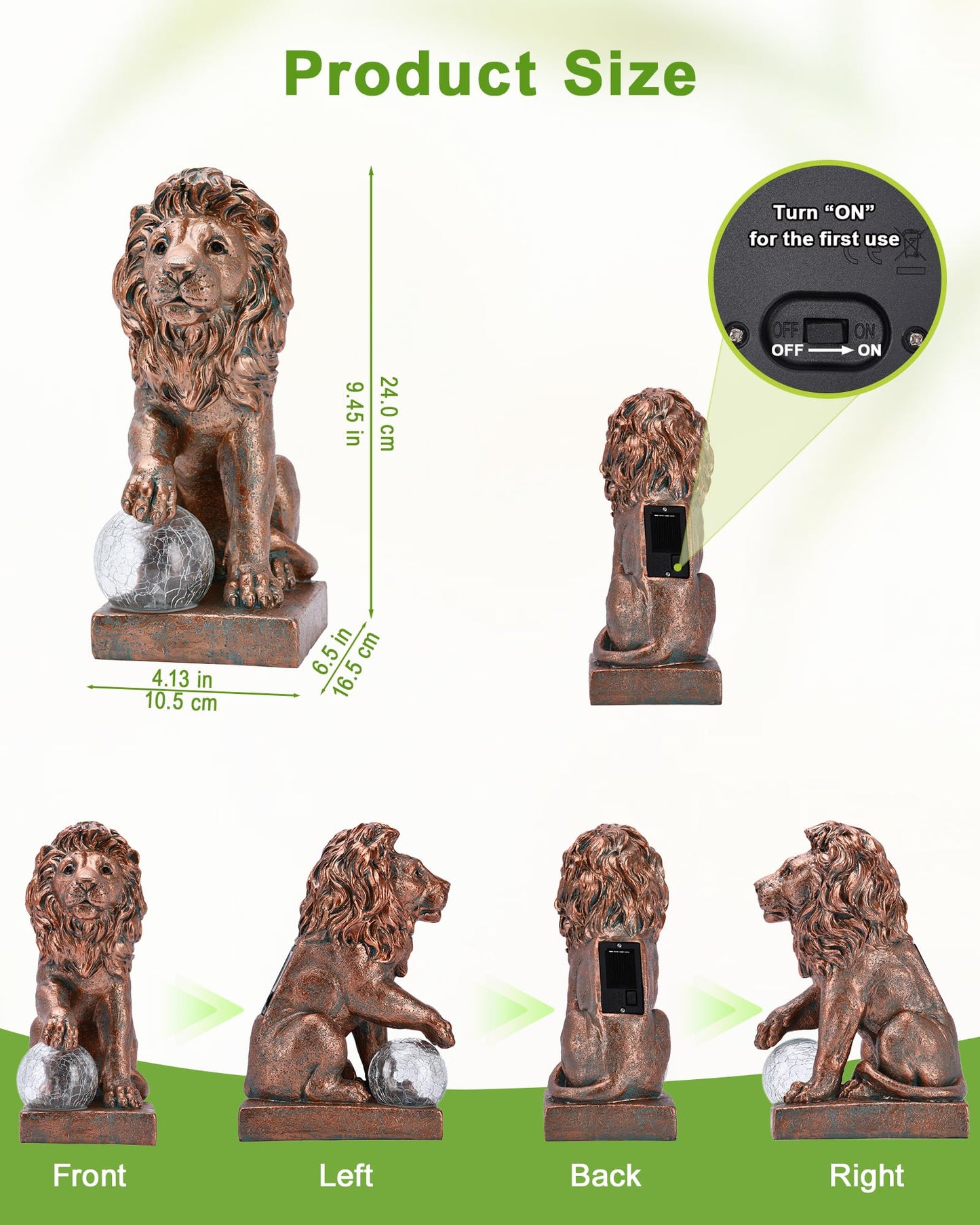 Nacome Guardian Lion Garden Decor: Outdoor Decoration Statue with Ball Lights for Yard Art Porch Patio Balcony - Unique Birthday Choice for Women Mom Lover - 9.45in (Copper)