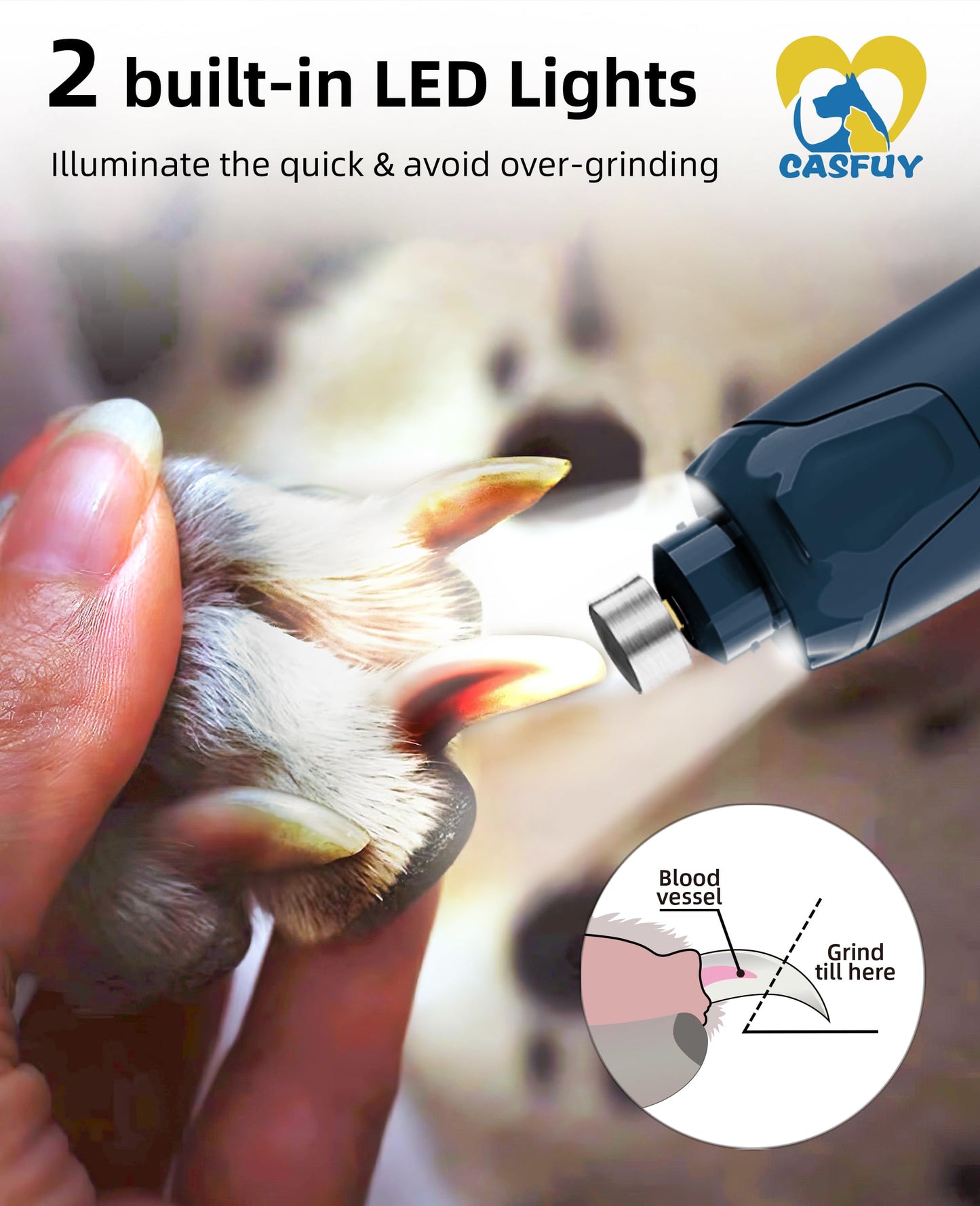 Casfuy Dog Nail Grinder Quiet - (45db) 6-Speed Pet Nail Grinder with 2 LED Lights for Large Medium Small Dogs/Cats, Professional 3 Ports Rechargeable Electric Dog Nail Trimmer with Dust Cap