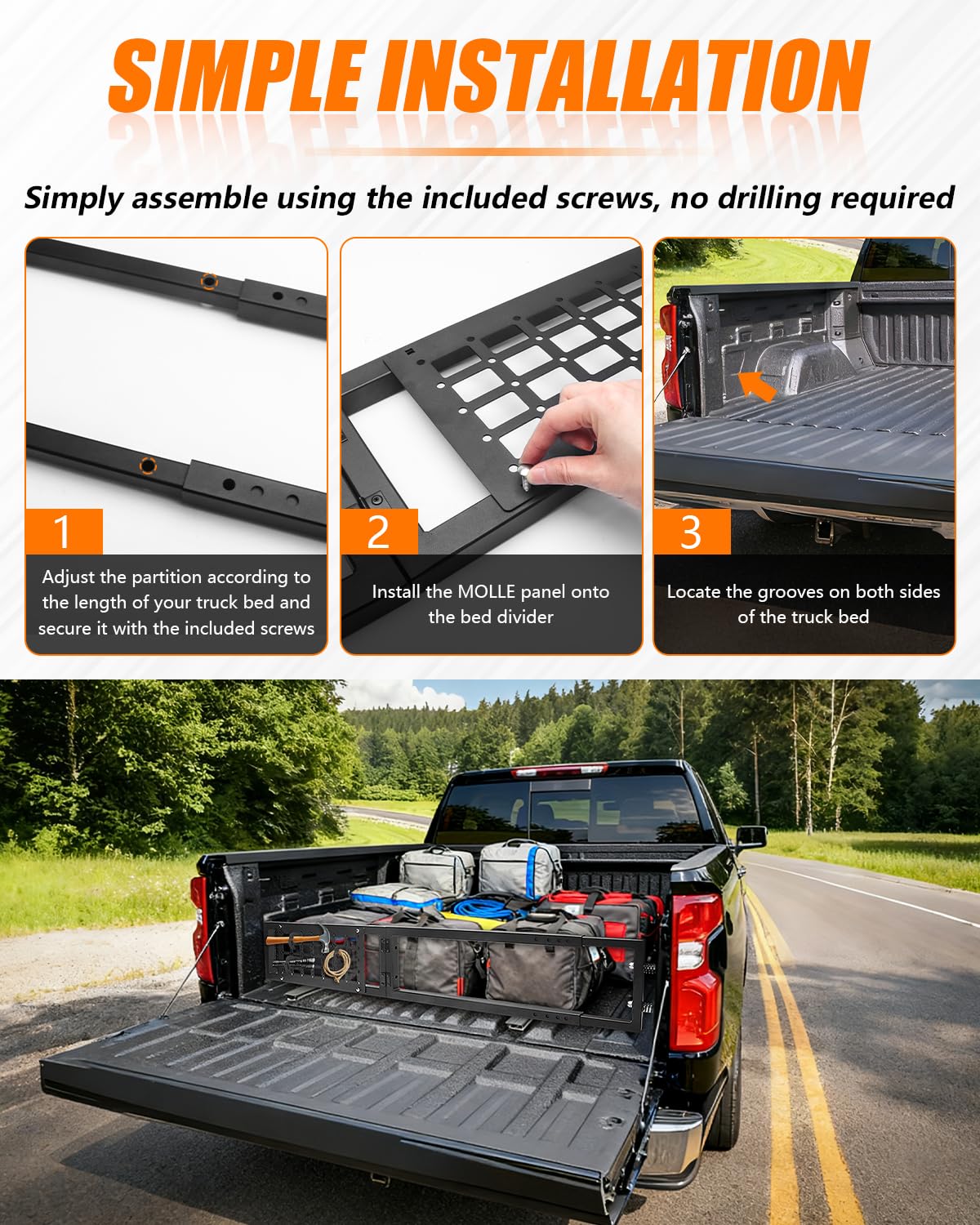 ADTOPI Adjustable Truck Bed Divider Organizer Compatible with 47'' to 67'' Pickup & Trucks bed, Aluminum Cargo Management Separator Molle Panel, Universal Truck Bed Divider Storage Accessories