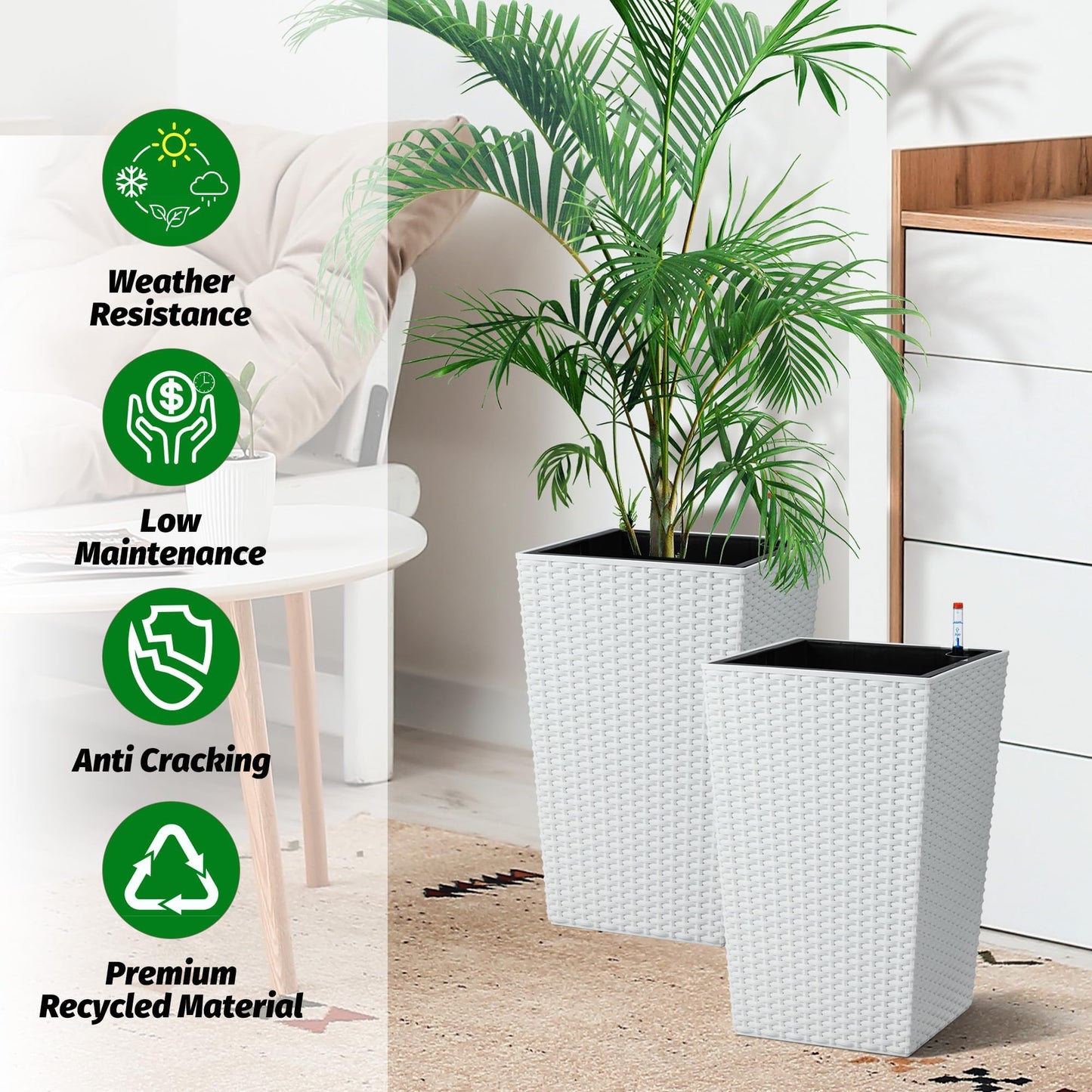Takywep Set of 4 Tall Rattan Planters – 16" Self Watering Plant Pots with Water Level Indicator, Indoor Outdoor Planters for Patio & Porch-White
