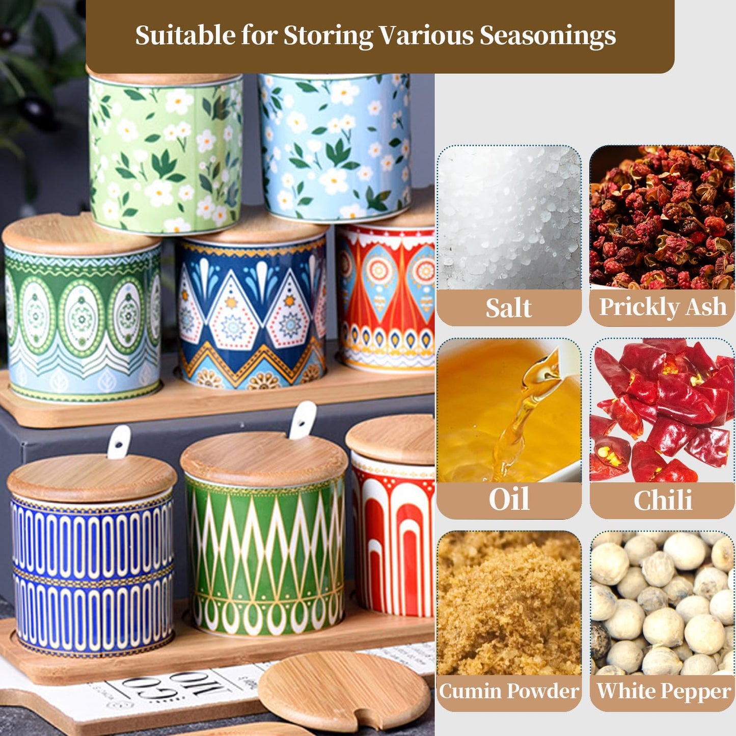 Orkim Kitchen Ceramic Condiment Jars with Lids and Spoons, 3 Piece Porcelain Seasoning Jar Set for Salt Spice Pepper Suger Bowl, Coffee Tea Container Pot with Serving Tray - Pastoral Style