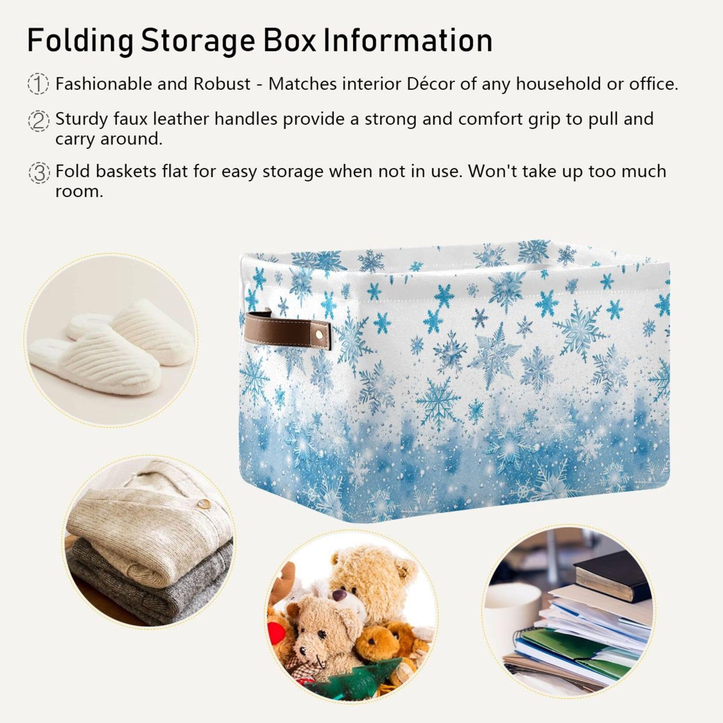 Winter Snowflake Blue Storage Basket with Waterproof Liner and PU Handles White Christmas Holiday Xmas Storage Boxes 14.2" Collapsible Decorative Organizer Baskets for Bedroom Closet Office 1 Pack