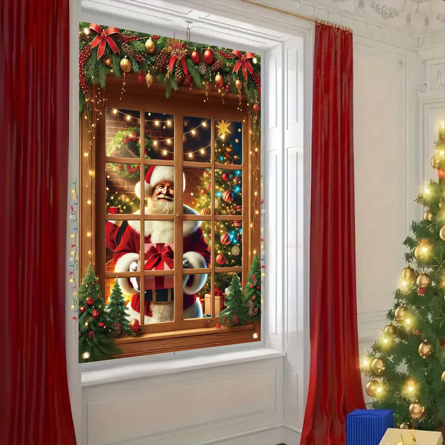 Saoplasa Christmas Santa Window Cover 47x31 Inch Holiday Window Decoration Poster Removable Cling Xmas Santa Claus Mural for Indoor Outdoor Glass Door Living Room Kids Bedroom Christmas Sticker