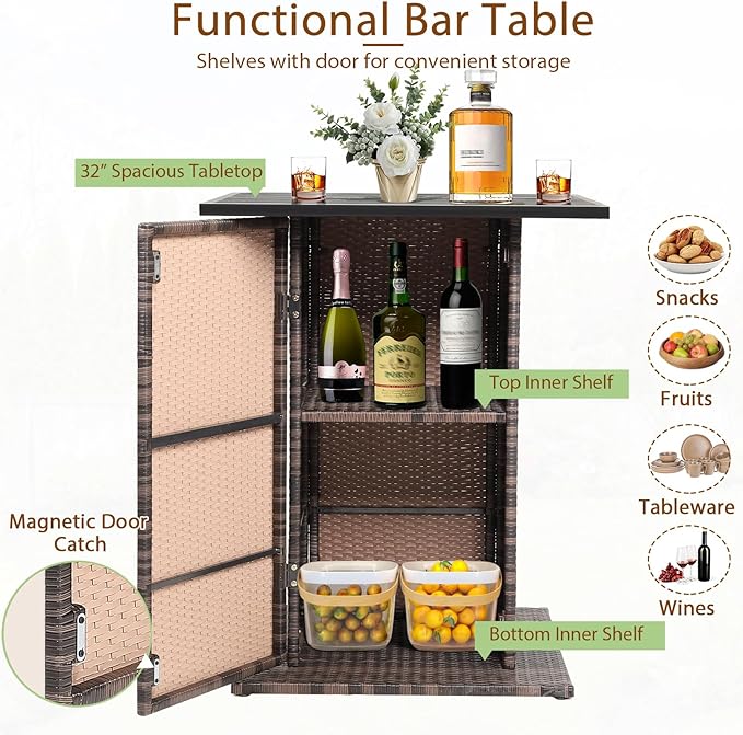 Tangkula 5 Piece Outdoor Rattan Bar Set, Patio Bar Furniture