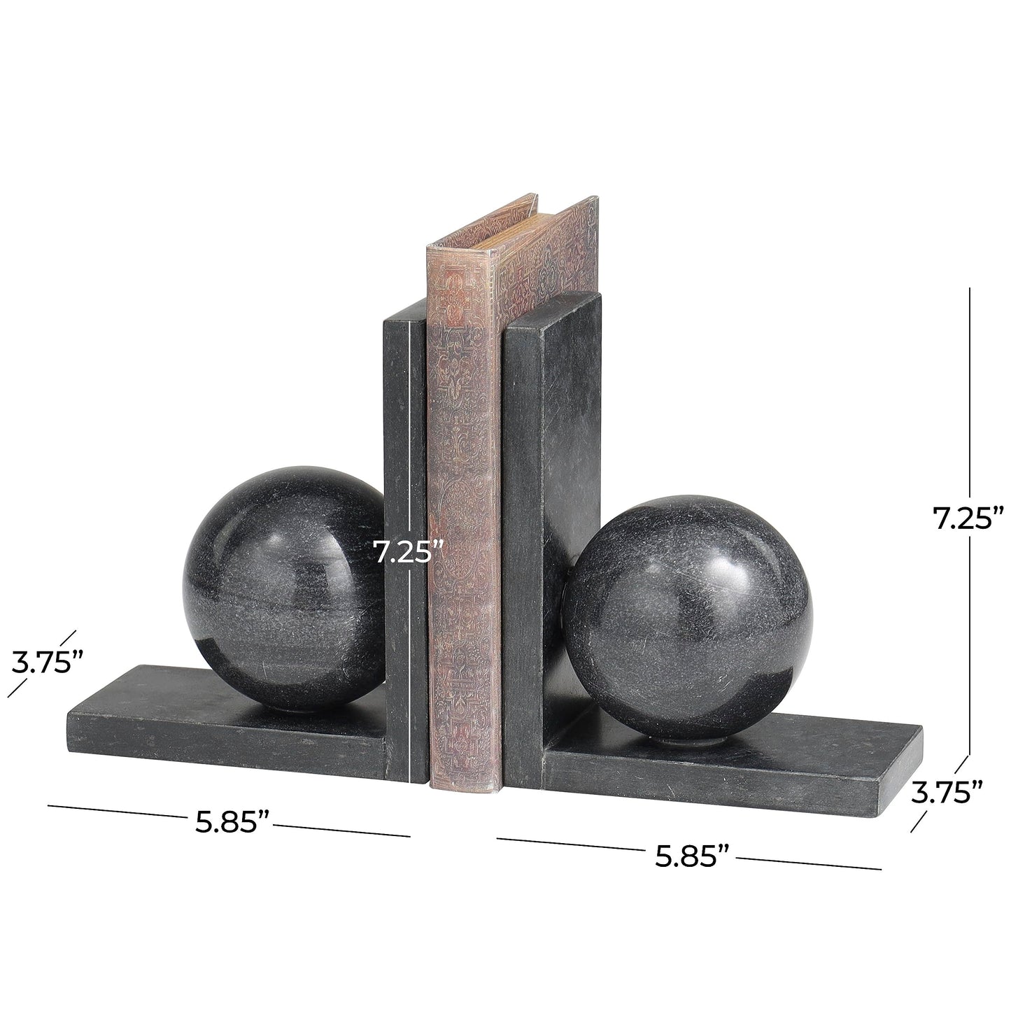 Deco 79 Marble Geometric Sleek Orb Bookends with L- Shaped Bases, Set of 2 6" W, 7" H, Black