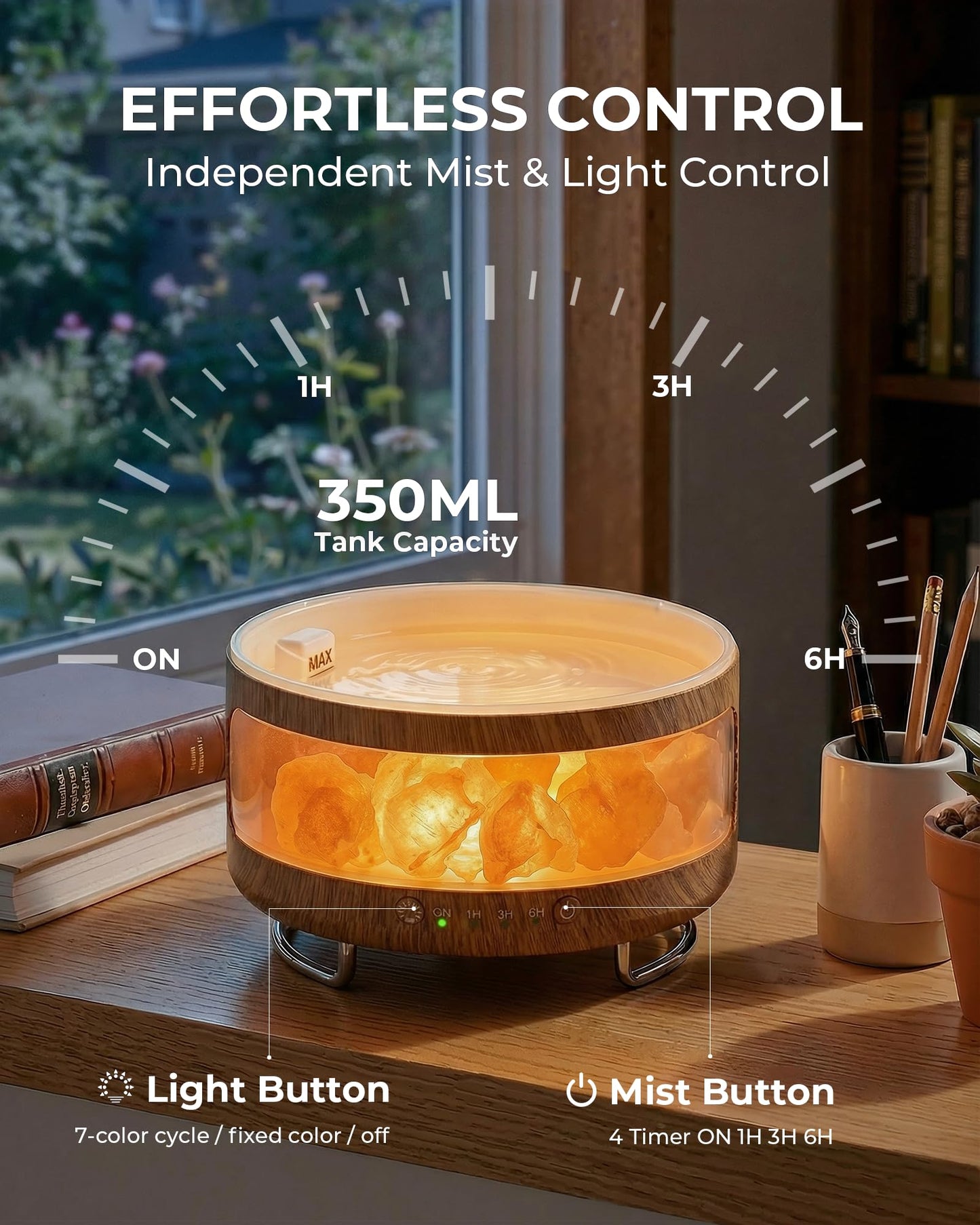 Essential Oil Diffuser with Himalayan Salt Lamp, 350ml Ultrasonic Aromatherapy Humidifier, 7 Colors LED Light, Timer & Auto Shut-Off for Home Bedroom Office Spa Yoga