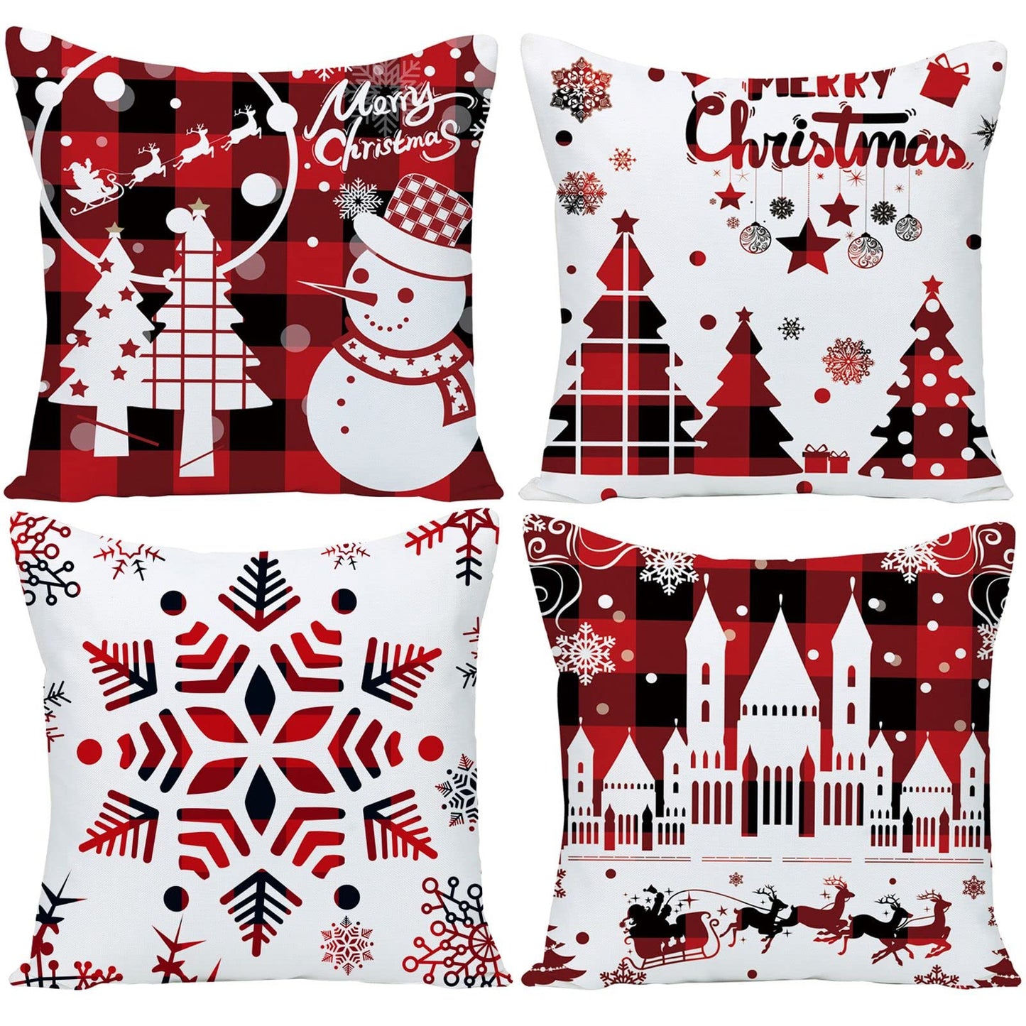 Wilproo Set of 4 Happy Winter Snowflake Merry Christmas Tree Red Castle Deer with Snowman Velvet Throw Pillow Case Cushion Cover Decorative for Sofa Living Room Square 22X22 Inches