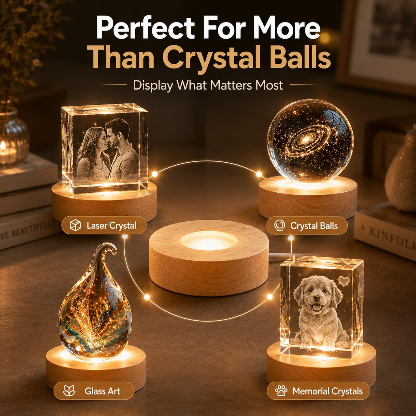 Sileasncei 4 Pack Wooden LED Light Display Base with Switch, 3.9” Round Warm Light Stand for Crystal Glass Ball Figurine, USB Powered Lighted Holder for Resin Crafts, Art Decoration