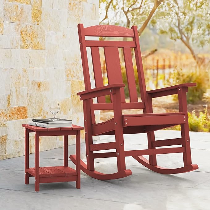 LUE BONA Outdoor Rocking Chairs Set of 2, HDPS Porch Rocker with High Back, Plastic Weather Resistant Rocking Chairs for Outdoor Indoor, Garden, Backyard, 350lb, Bright Red