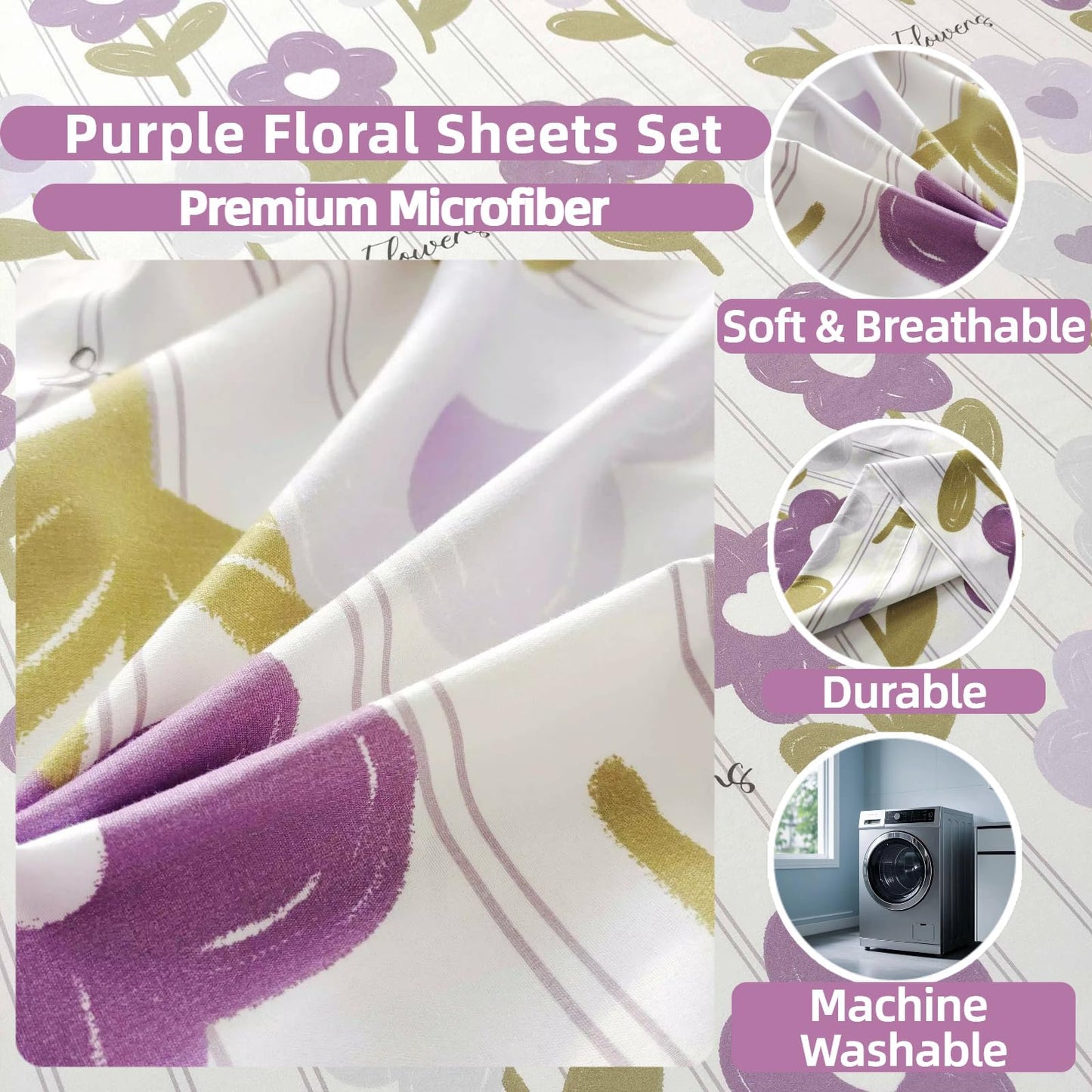 SDIII 4PCS Purple Floral Twin Bed Sheets Set, Soft Microfiber Floral Bed Sheets Twin, Wrinkle and Fade Resistant, Cooling Sheet on Amazon