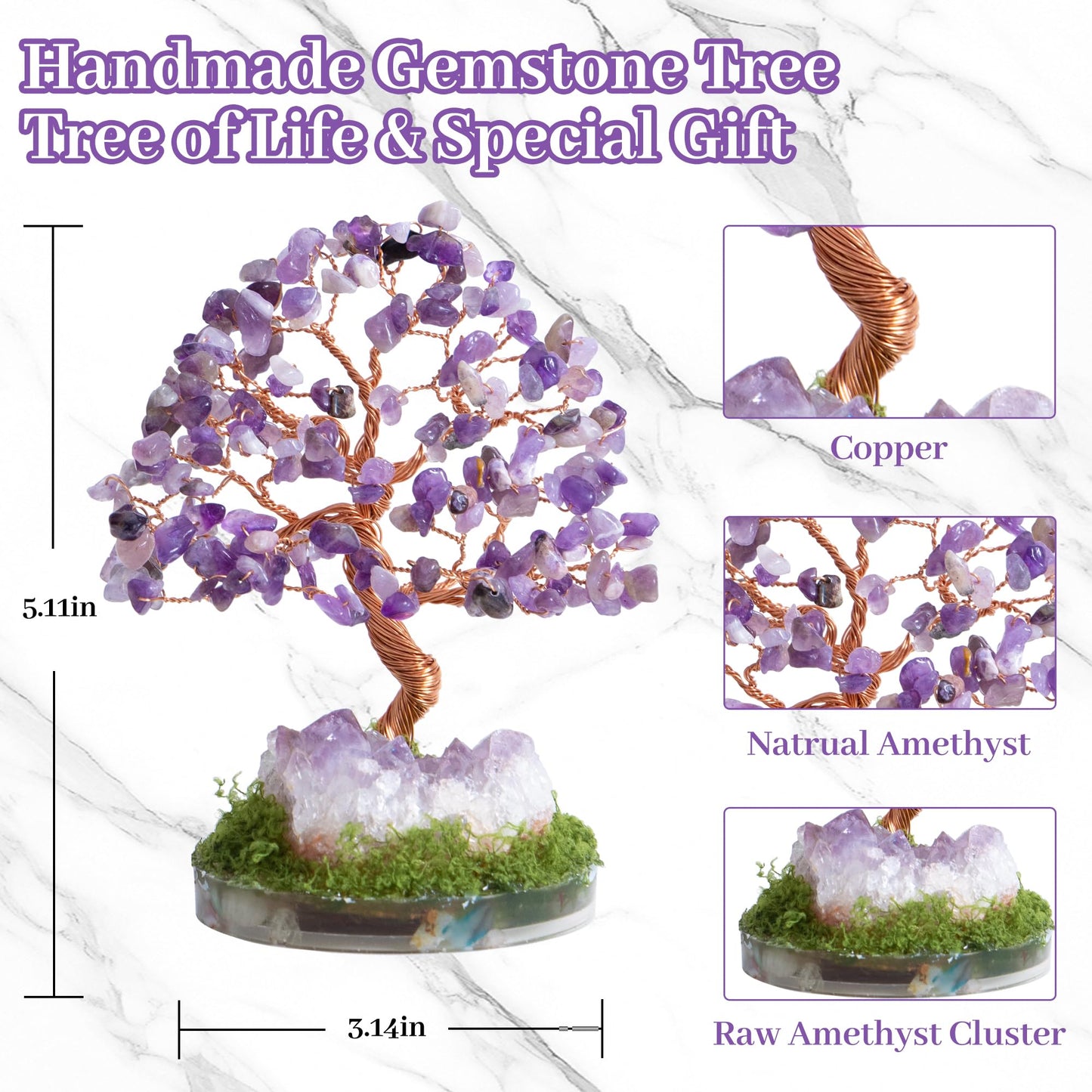 Dreamocean Amethyst Crystal Tree of Life Healing Crystal Money Gemstone Bonsai Tree with Natrual Amethyst Cluster Geode Home Office Desk Reki Decor for Women Purple Gifts for Women（Purple）