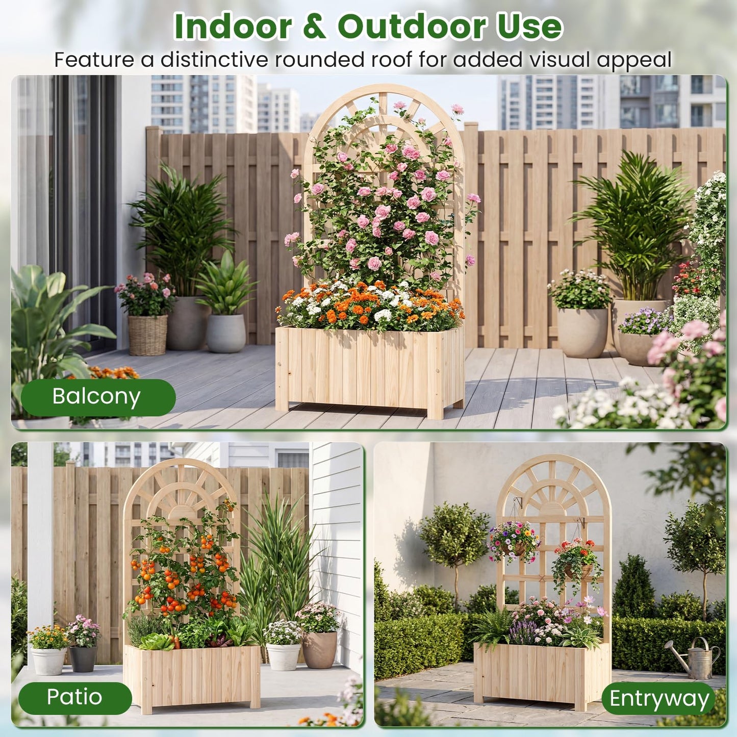 Happygrill Wooden Raised Garden Bed with Trellis, Outdoor Planter Box with Drainage Holes, Privacy Screen, Natural Fir Wood Elevated Garden Bed for Climbing Plants Flowers (1, Natural, 24''x12''x48'')