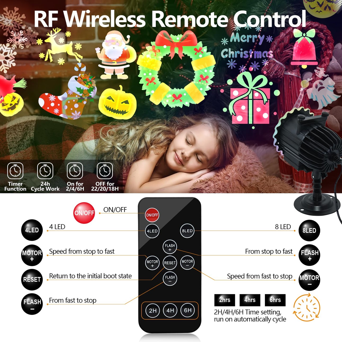 Segotendy Christmas Projector Lights Outdoor, 8 Images Mode Christmas Lights Projector with 96 Cartoons, Waterproof Holiday Projector with Remote Control and Timer for Christmas Decorations