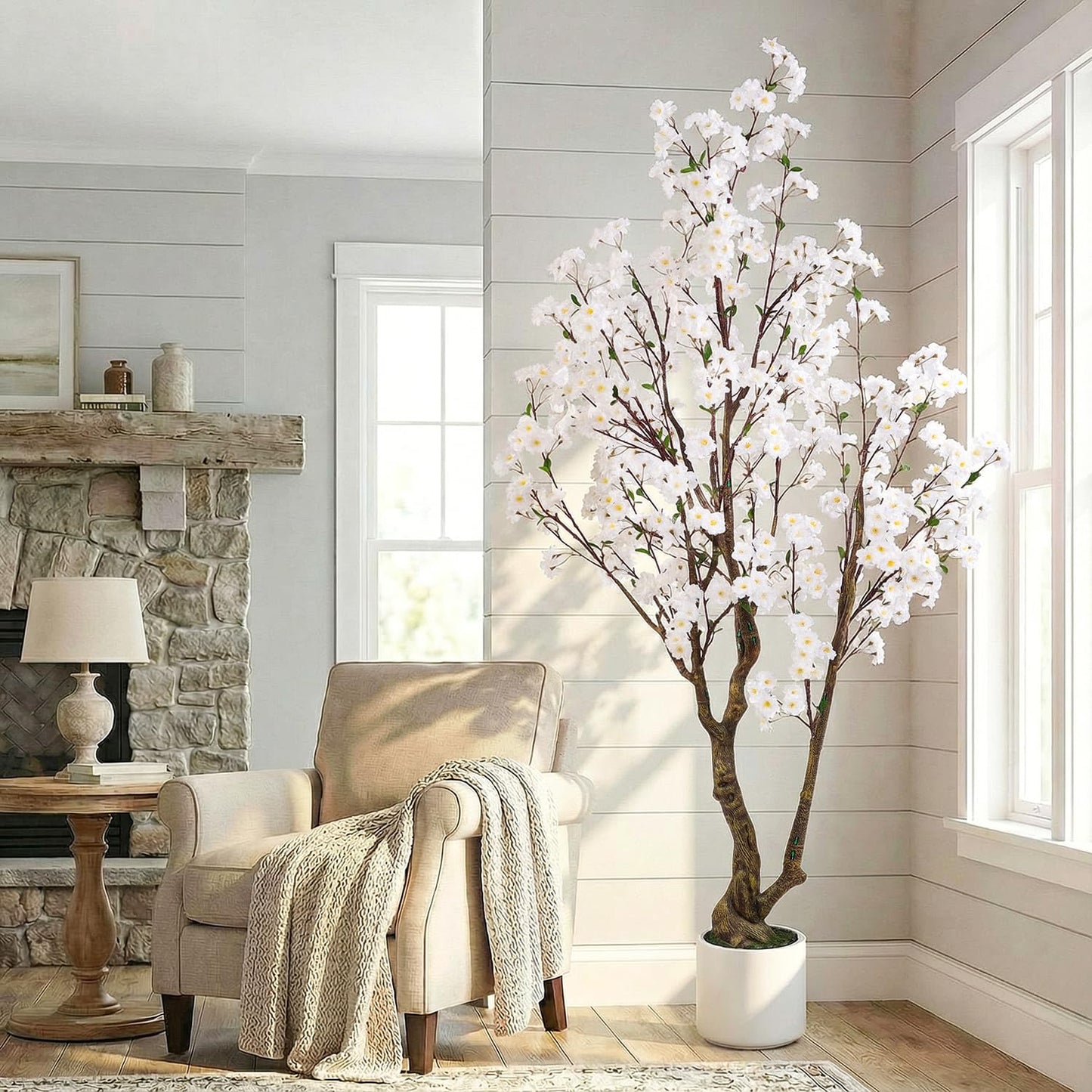 Artificial Cherry Blossom Tree, 7FT Tall Artificial Tree with White Pot, White Fake Sakura Flower Tree, Faux Silk Plants for Home, Living Room, Wedding, Garden, Balcony, Hotel Decoration