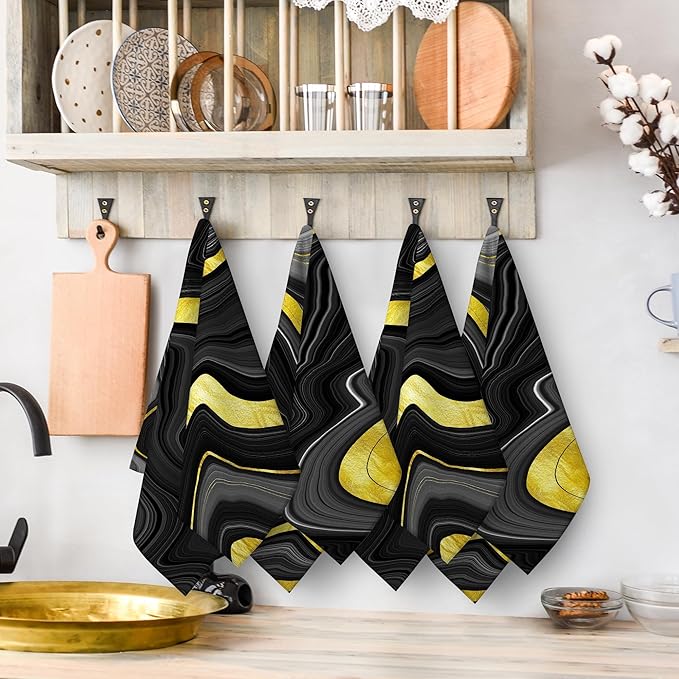Black Gold Kitchen Dish Towels Set of 4 Soft Absorbent Marble Texture Black
