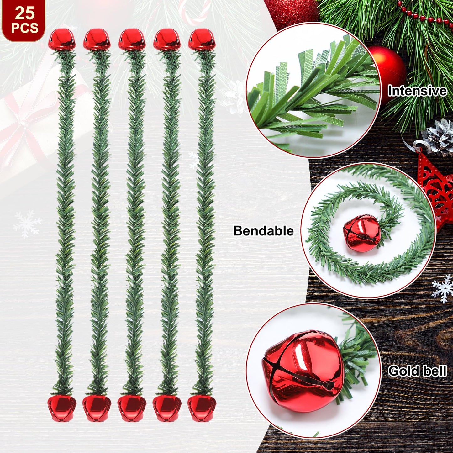 Motionchic 25 Pcs 20 Inches Christmas Garland Ties with Bells Decorative Twist Ties Garland Hanger for Banister Stairs Railing Reusable Flexible Twist for Xmas Holiday Decorations (Red)