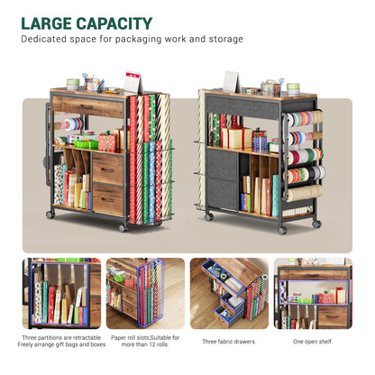 PUNLUXU Wrapping Paper Storage Cart, Rolling Gift Wrap Station with Ribbon and Gift Bag Storage, Wrapping Paper Organizer Holder, Craft Organizers and Storage for Christmas, Craft Storage Cart 004