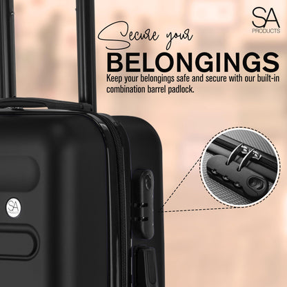 SA Products Cabin Suitcase | 34L Carry On Suitcase, Cabin Bag 55x40x20 with Combination Lock | Hard Shell Suitcase with 4 Wheels Cabin Luggage, Cabin Bags 55 x 40 x 20 Approved (Black)