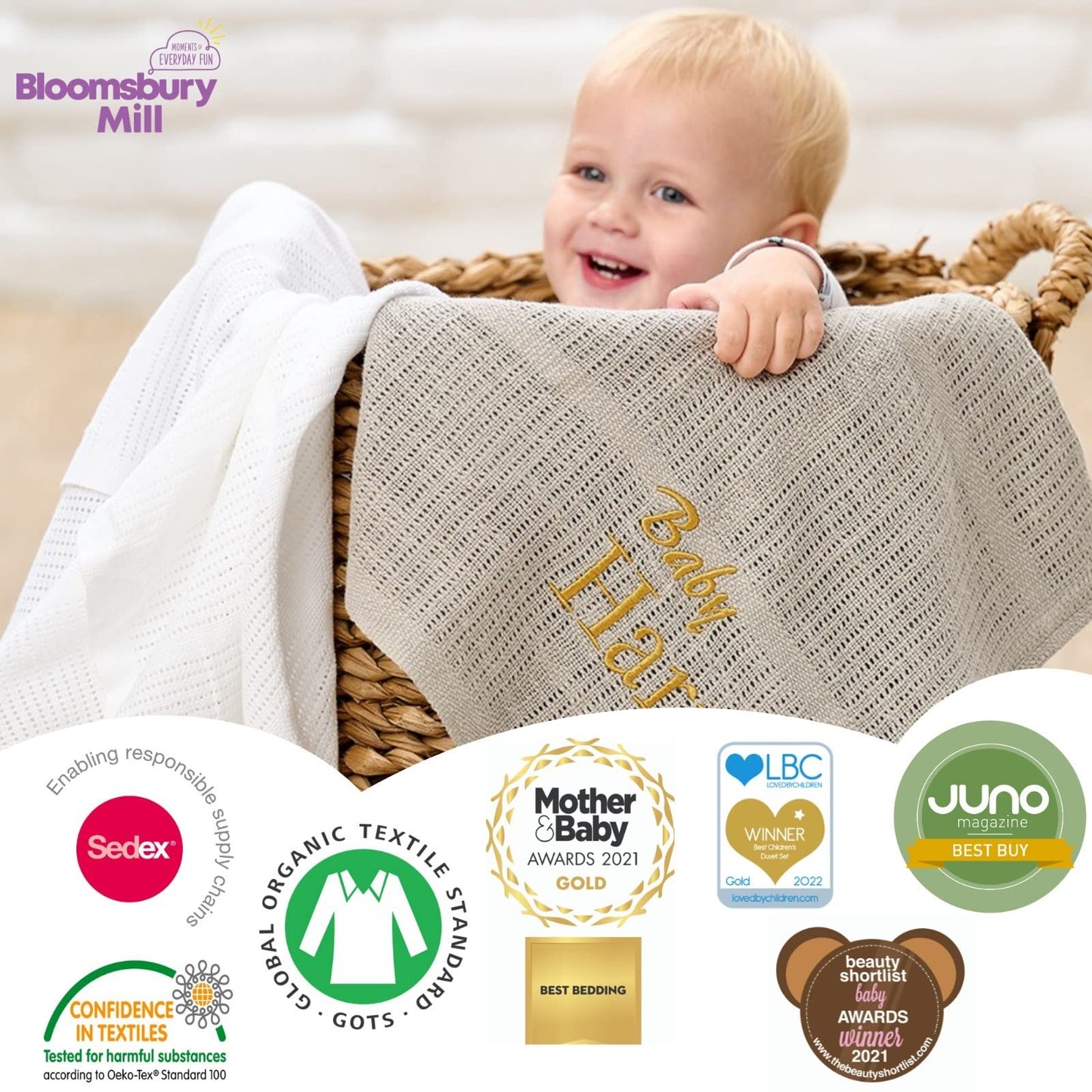 Bloomsbury Mill - Cellular Blankets Baby - Soft 100% Organic Cotton Baby Blanket - Pack of 2 - Essentials For Newborn - Ideal for Cot Bed, Travel, Car Seat, Pram, Moses Basket - Cream 75x95cm