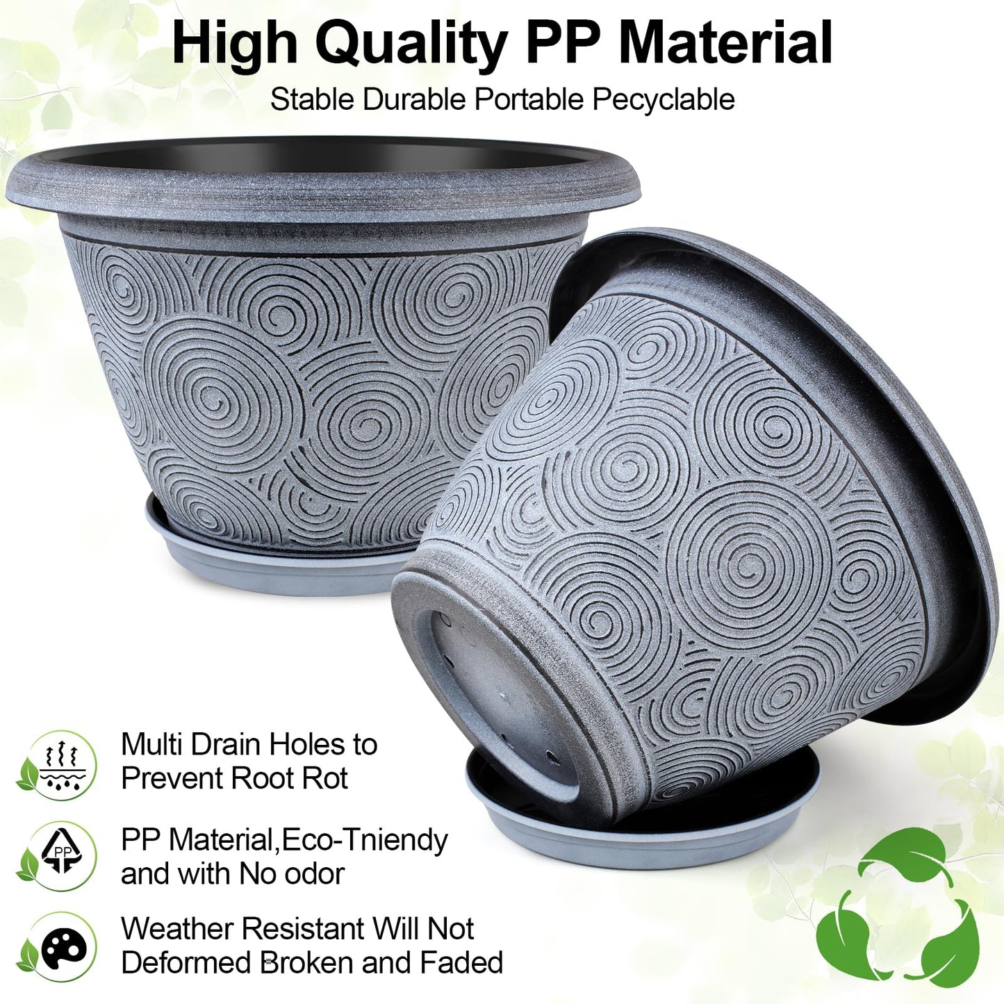 Fodetyff 12 Inch Large Planter Pot for Plants Indoor Outdoor, 4 Pack Plastic Flower Pots with Drainage Hole & Tray, Modern Decorative Garden Pot with Saucer, Plant Container for House