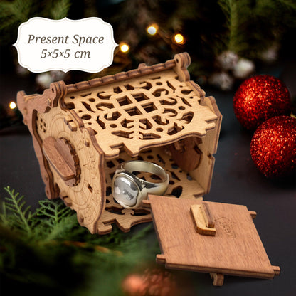 iDventure Happy New Year Treasure Box - Wooden 3D Puzzle with a Secret - Christmas Decoration Tree Toy - Cryptex - Gift Money Box for Cash - Escape Room Game