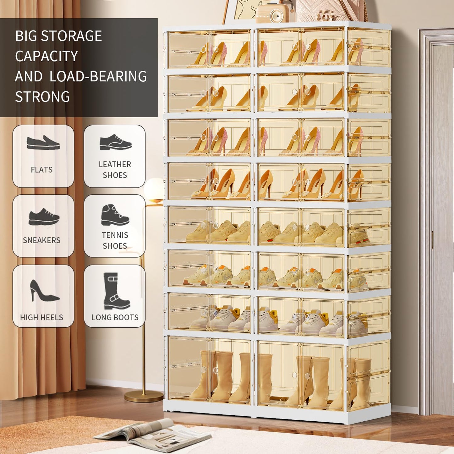 EHAMILY 8 Tiers 16-32 Pairs Foldable Shoe Rack for Closet Plastic Stackable Shoe Boxes for Garage Collapsible Shoes Shelf with Doors Storage Organizer Cabinet Quick Assembly,Brown