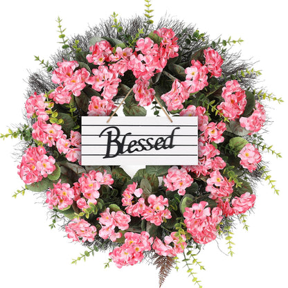 KuiMen Spring Summer Wreaths for Front Door 24 Inch Pink Artificial Geranium Wreath with Blessed Hanging Sign for Indoor and Outdoor Decor