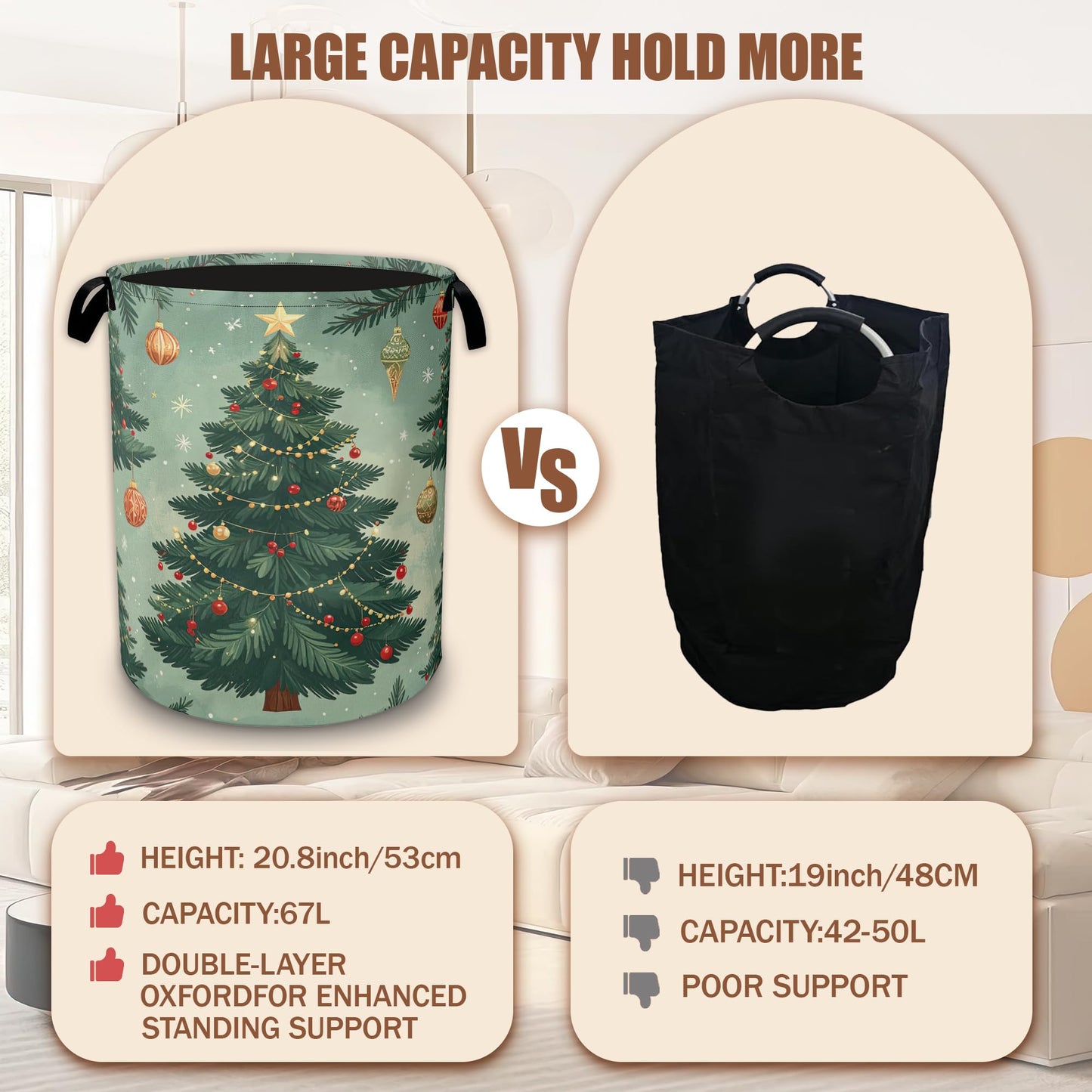 Christmas Tree Laundry Baskets,Laundry Hamper Storage Basket with Handles for Bathroom Bedroom College Dormitory Living Room Nursery Organizer 16"x20.8"