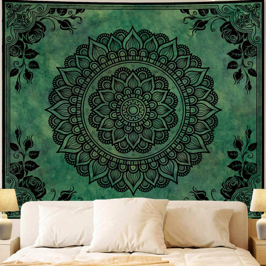 Apdidl Boho Mandala Green Tapestry for Bedroom Aesthetic, Hippie Indian Vintage Floral Decor Wall Hanging, Bohemian Ceiling Flower Plants Art Backdrop Wall Tapestries for Dorm Living Room 51" X 60"