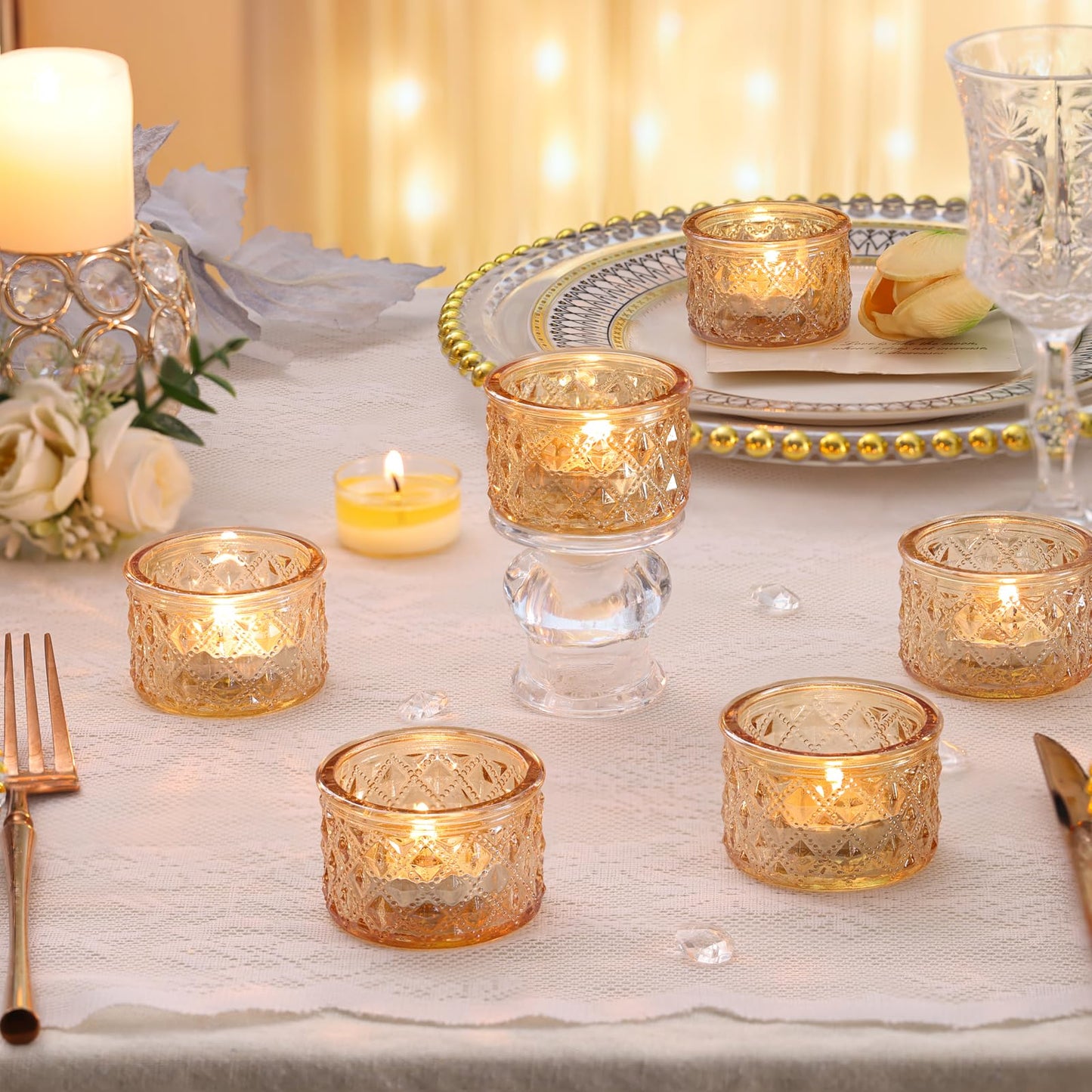 MATAHUM 24 Pack Gold Tealight Candle Holders, Glitter Diamond Glass Votive Candle Holders Bulk for Wedding Centerpieces, Bridal Shower, Baby Shower, Birthday, Anniversary, Party Decor