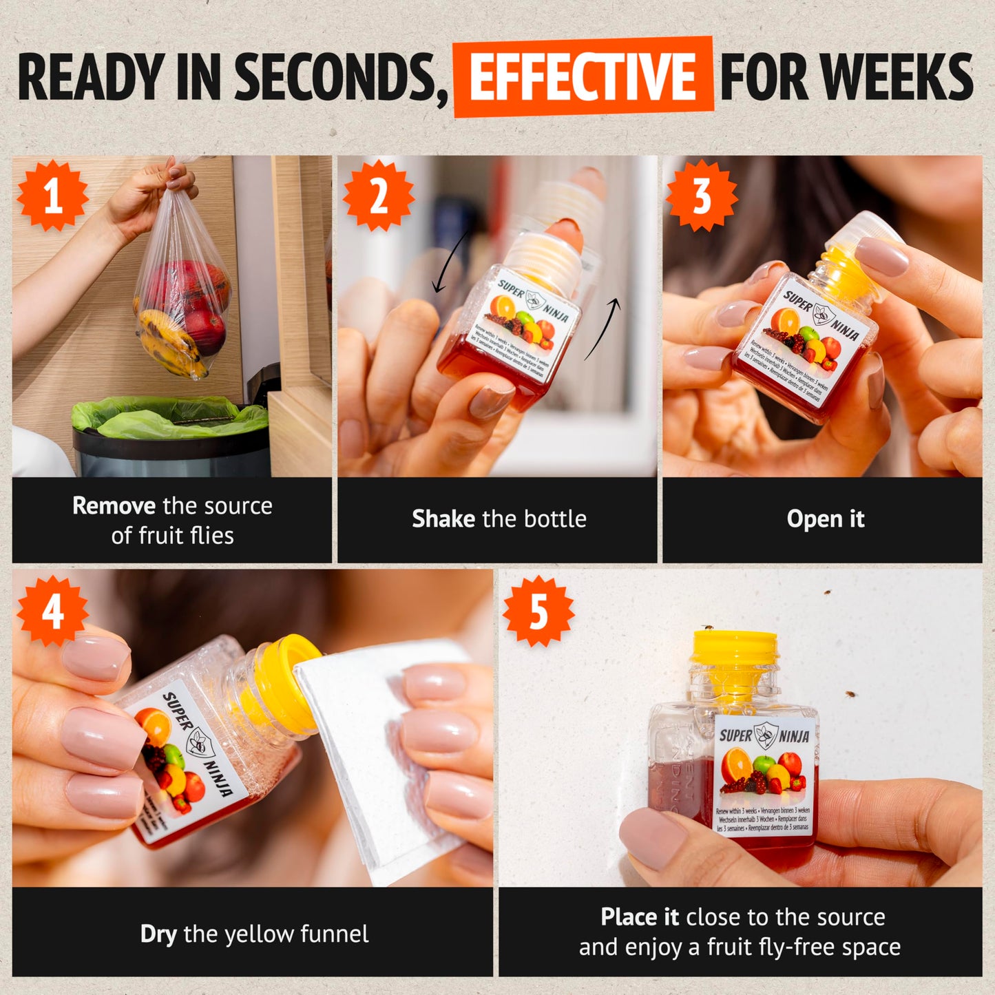 Super Ninja Fruit Fly Trap - 6 pack, Highly Effective Fruit Fly Killer for Home & Kitchen, Up to 3 Weeks of Performance per Bottle, Child & Pet Friendly
