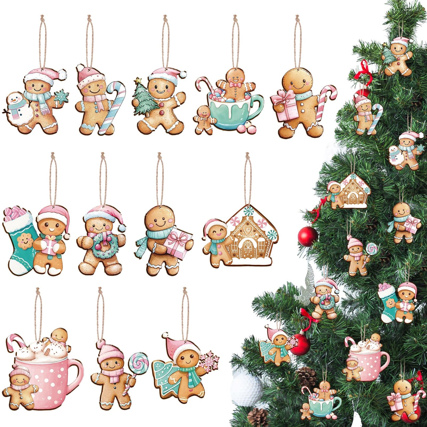 Kathfly 24 Pcs Pastel Pink Gingerbread Christmas Ornaments Wooden Gingerbread Men Cookies with Hemp Rope Cute Christmas Hanging Decorations for Xmas Tree Holiday Party Decor