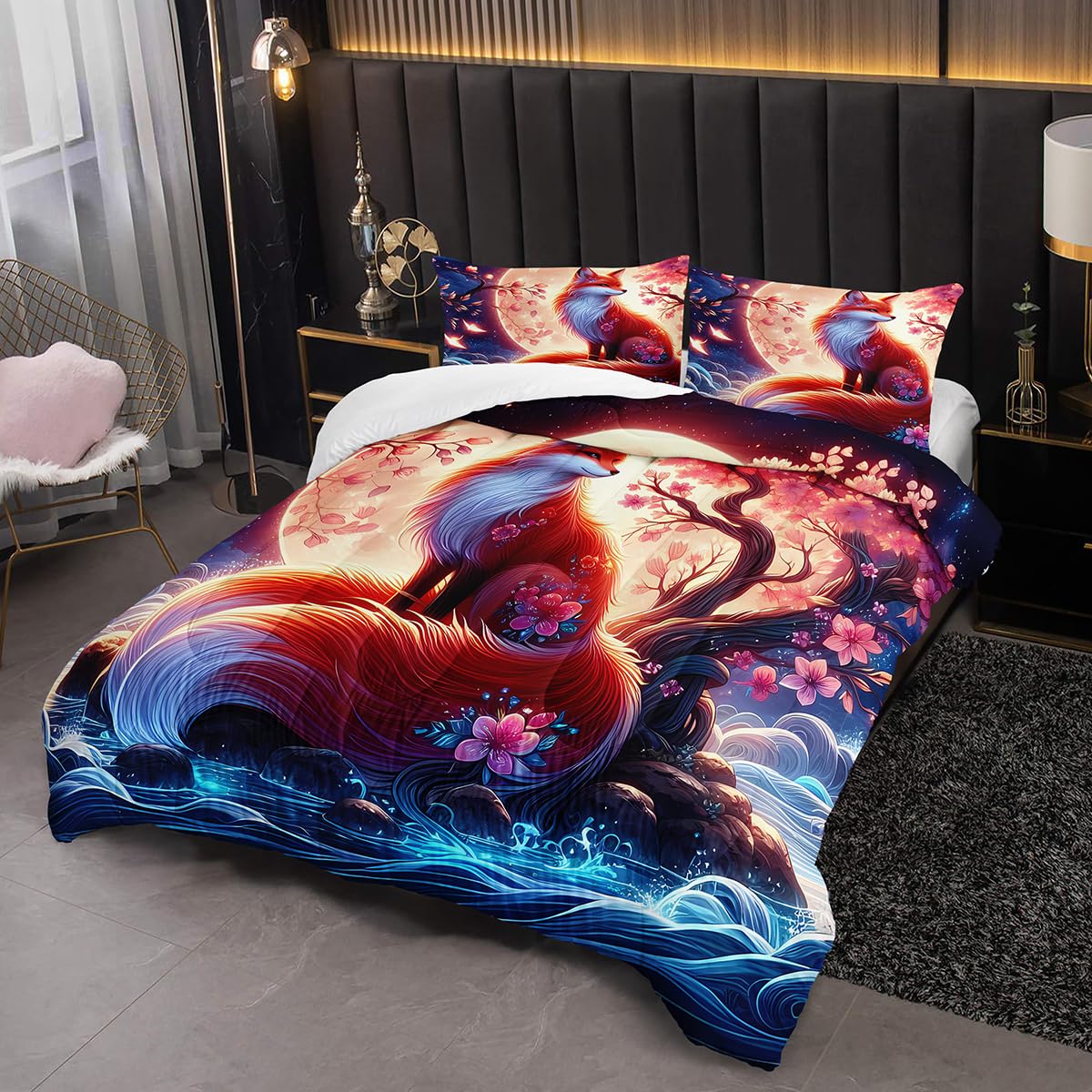 Nttopship Fox Comforter Bedding Set with 2 Pillowcase Twin Size Cartoon Fox Sakura Comforter Set for Kids Boys Girls Bedroom Decor