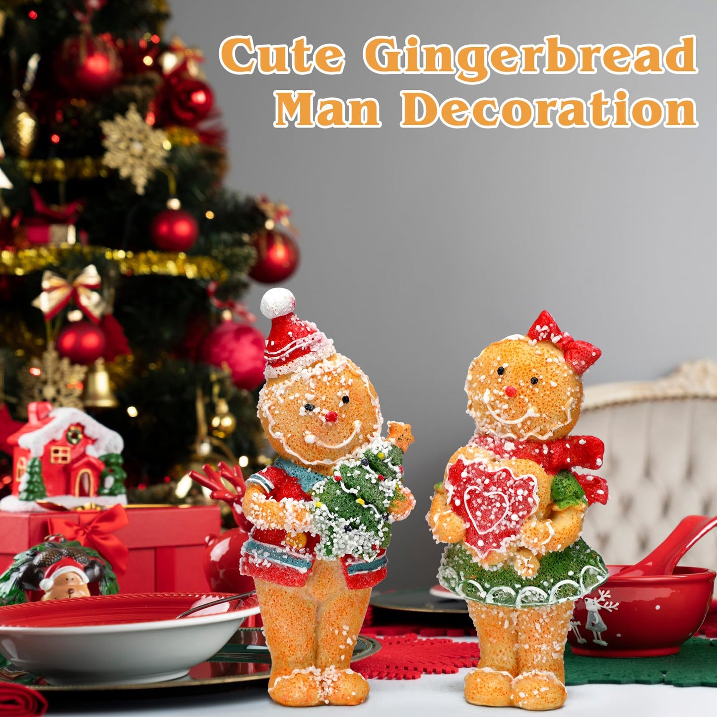 Moucuny 2 Pieces Christmas Gingerbread Decorations Cute Christmas Resin Gingerbread with Chef Hat Candy Bow Scarf Snowman Table Decor for Home Kitchen