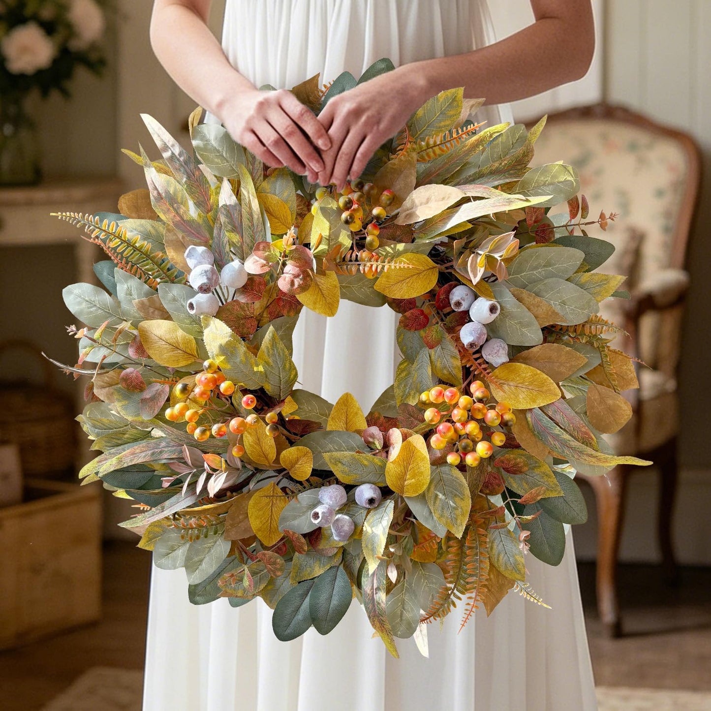 WANNA-CUL 22 Inch Eucalyptus Fall Front Door Wreath Harvest Farmhouse Decor