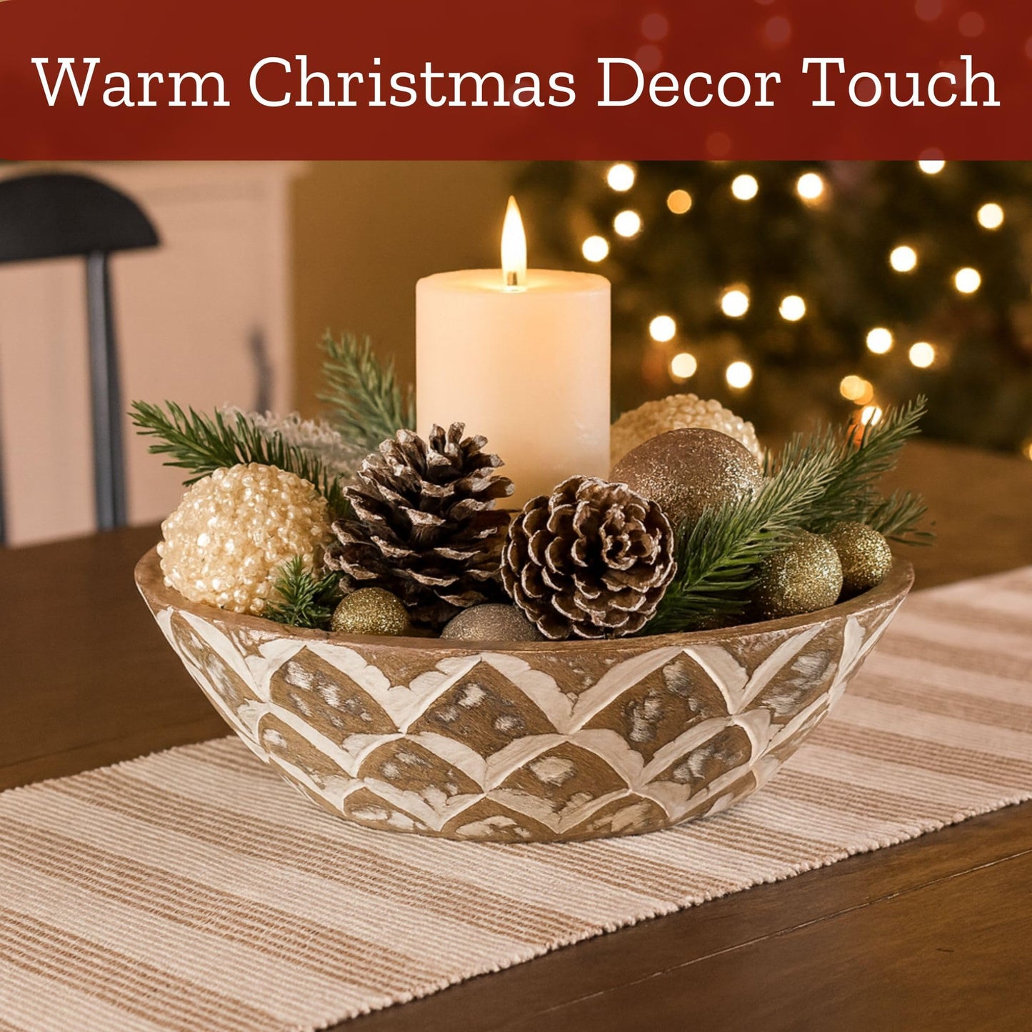 Mie Creations 10'' Decorative Wooden Bowl, Wood Serving Bowl for Fruits, Salad, Desserts, Snacks, Popcorn, Kitchen Counter | Rustic Table Centerpiece Thanksgiving Christmas Decor- 10x3 inch Whitewash