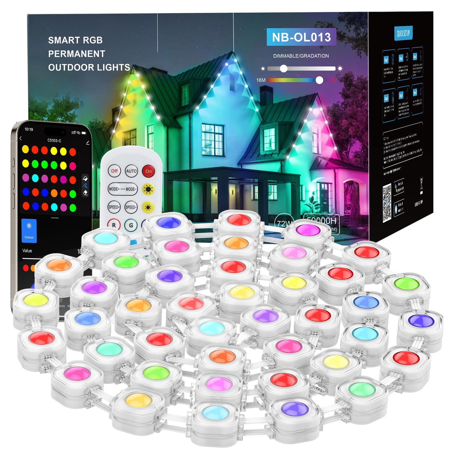 Permanent Outdoor Lights, 100ft Smart RGB+IC Outdoor Light, IP67 Waterproof 72 LED Eaves Lights, Year-Round Outdoor Lighting for New Year, Holiday, Daily Lighting, Christmas, APP/Voice/Remote/Control