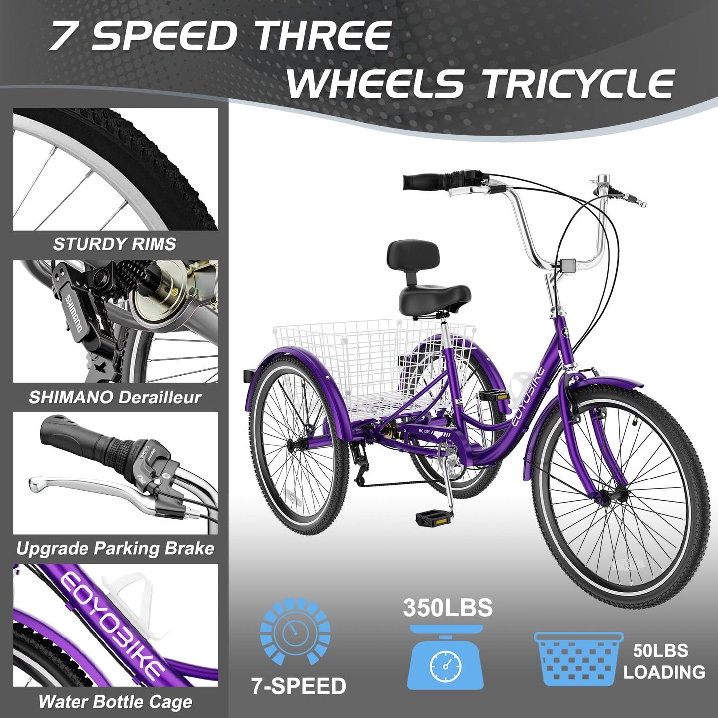 EOYOBIKE Adult Tricycle 3-Wheel Cruiser Bike, Low Step-Through, Heavy-Duty Comfort Trike with Adjustable Handlebar & Spring Saddle, Large Rear Basket, for Seniors & Adults (Orchid Rose, 24" Tire)