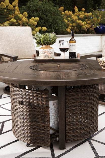 Signature Design by Ashley Paradise Trail Outdoor Round Wicker Patio Fire Pit Table, Brown