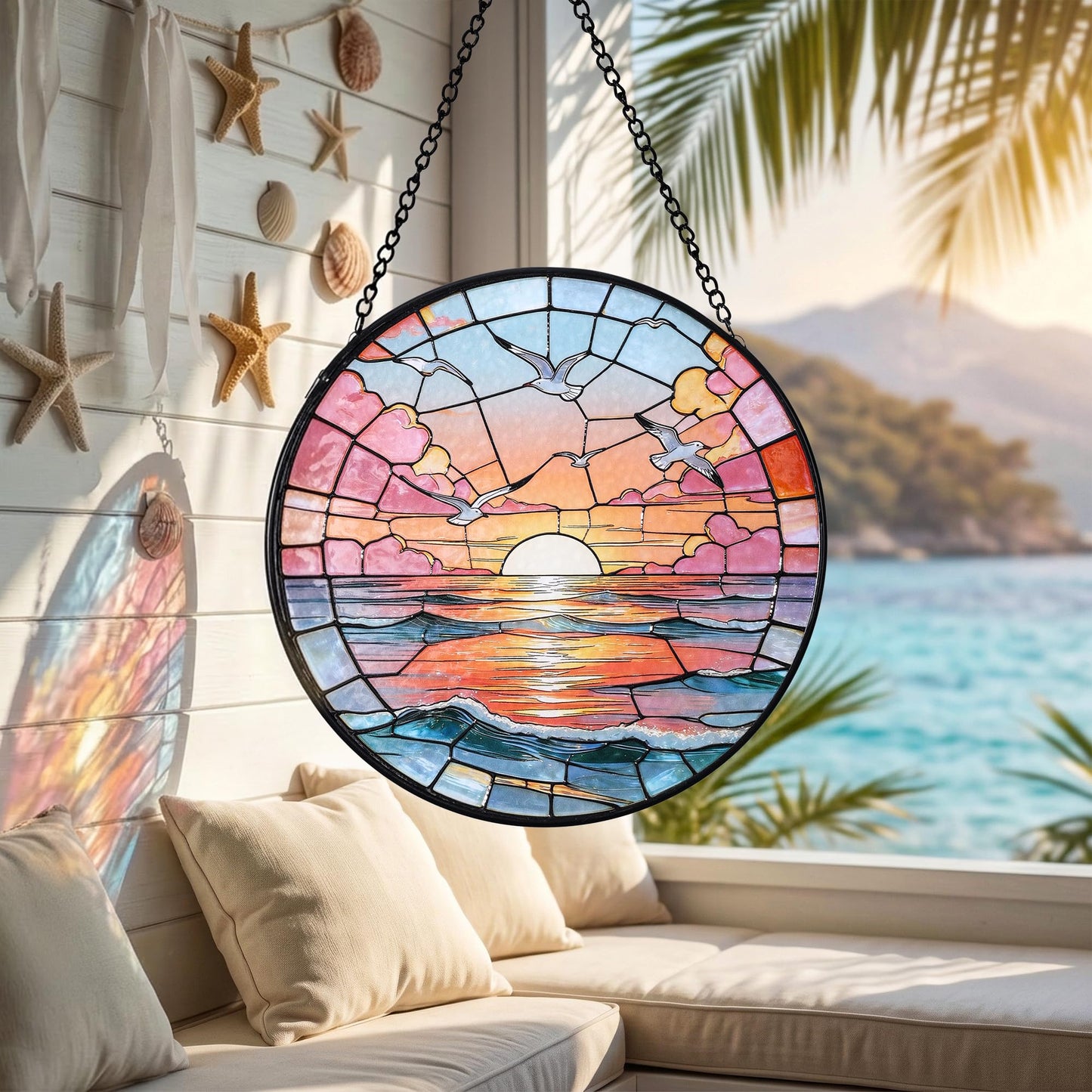 Hanging Stained Glass for Windows,20cm/7.87inch Sea Sunrise Stained Glass Suncatcher with Chain Garden Diamond Glass Panel Hangings Decoration for Home Decor Gifts for Family Friends Colleagues