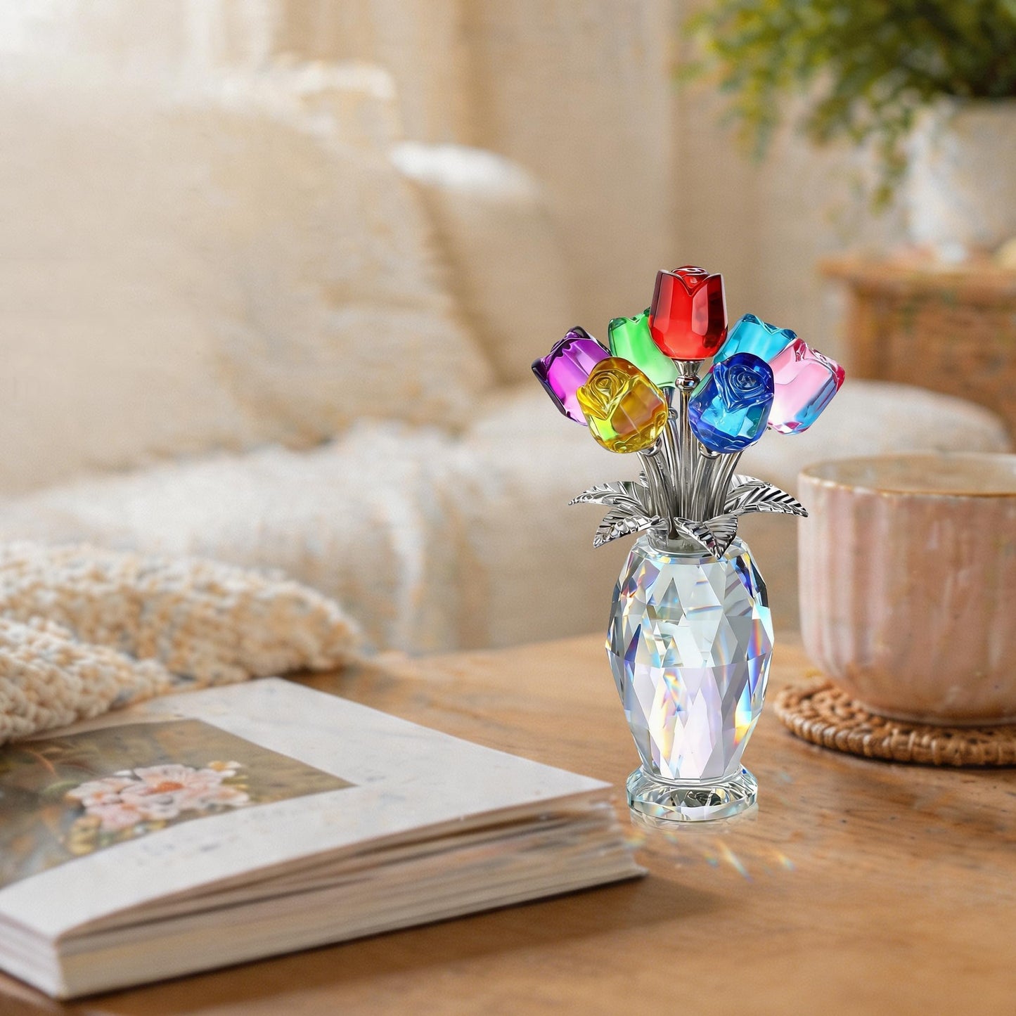 KRISININE Elegant Crystal Rose Figurine 7 Colorful K9 Crystal Flowers Floral Collectible Sculpture Romantic Gift for Valentine’s Day, Mother’s Day, Wedding, Anniversary