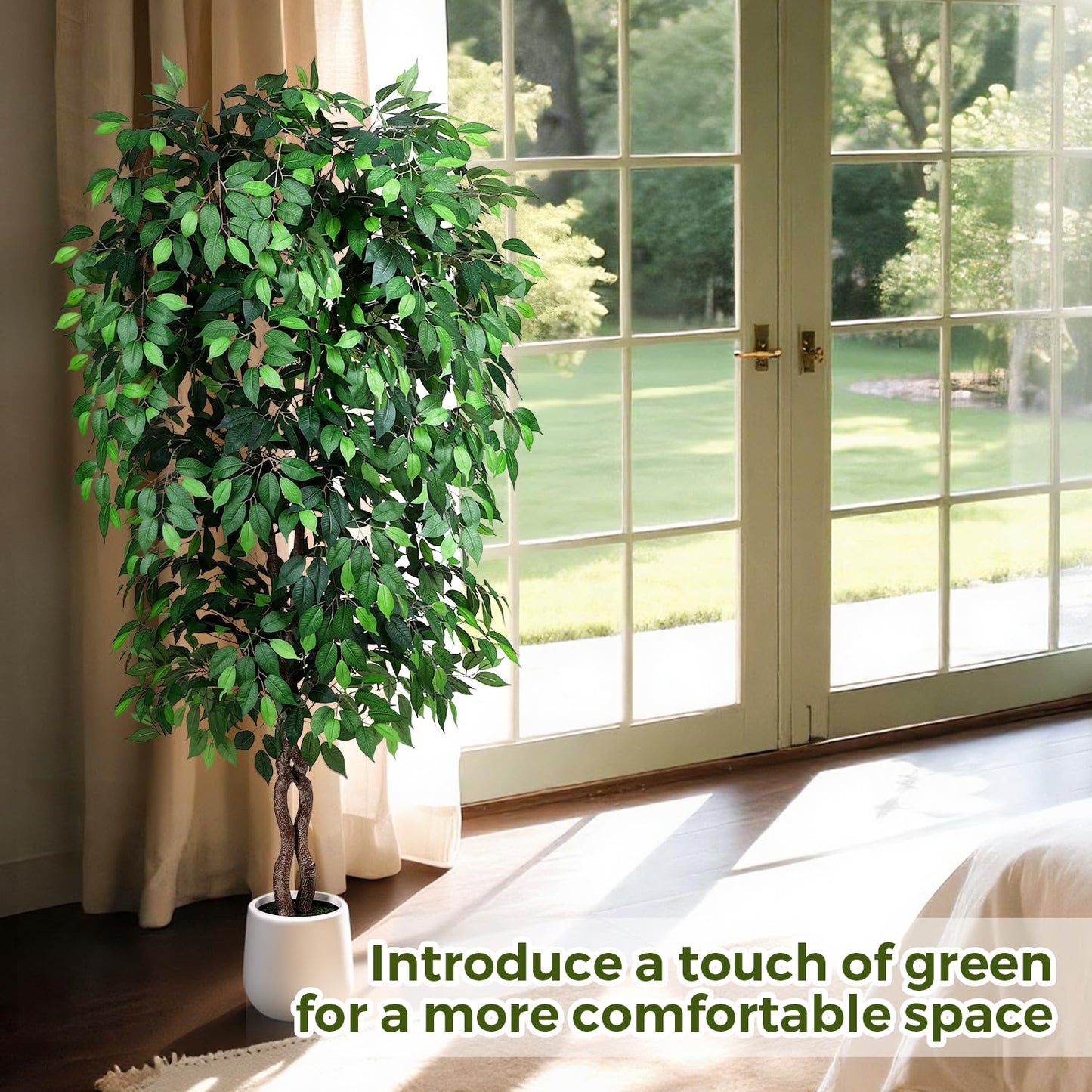 Jocoevol 7FT Artificial Ficus Tree, Tall Faux Trees Indoor with White Planter, Dried Moss, Natural Silk Leaves & Trunk, Fake Plants for Home Living Room Office Corner Decor Housewarming Gift