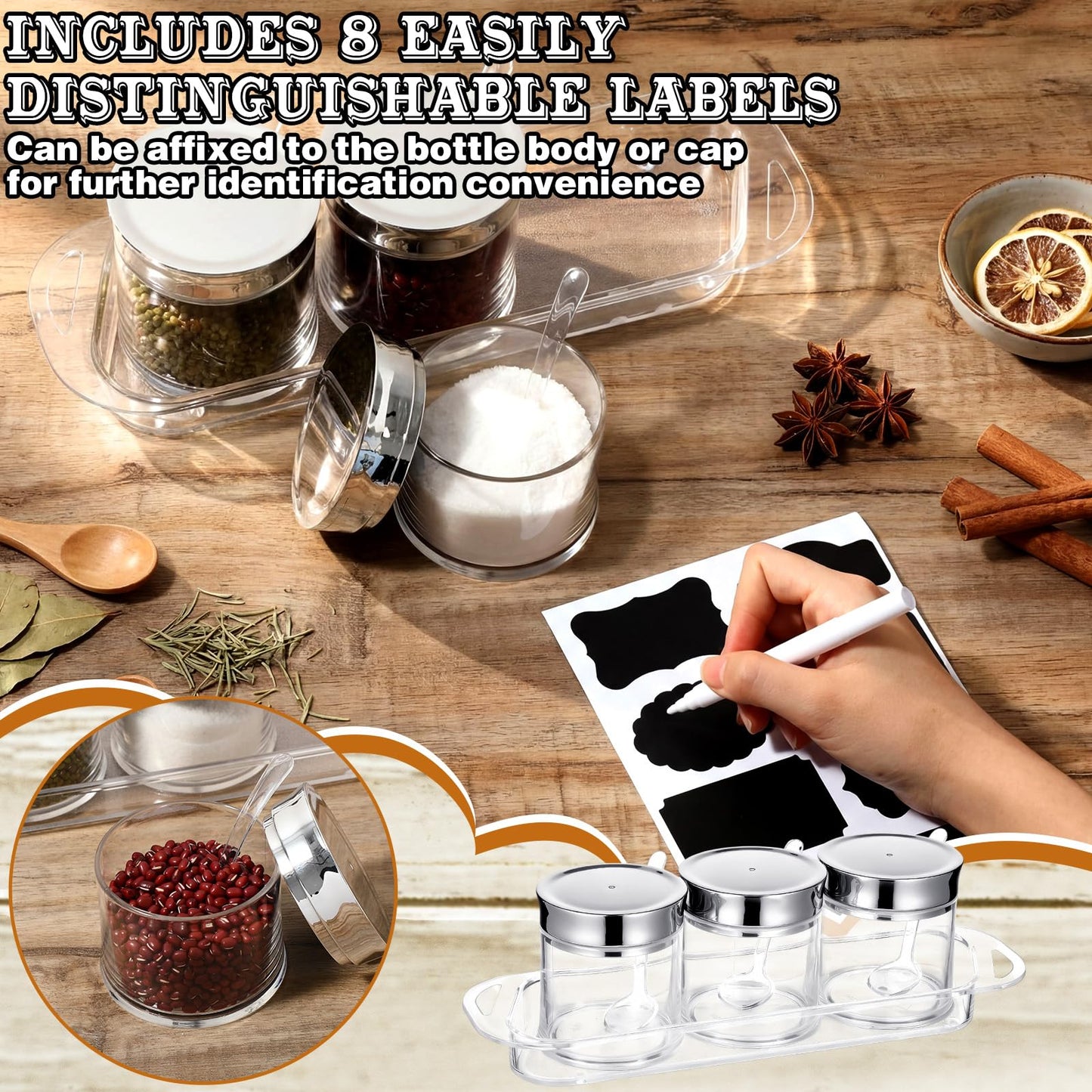 Ferrochef Set of 3 Acrylic Sugar Container with Lid Spoon and Tray 7oz Clear Condiment Coffee Jars Container with Labels Seasoning Salt Box Set for Kitchen Storage Coffee Bar