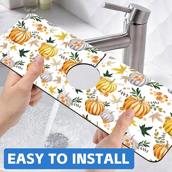 Thanksgiving Sink Faucet Absorbing Mat Pumpkin Floral Leaves Sink Splash Guard