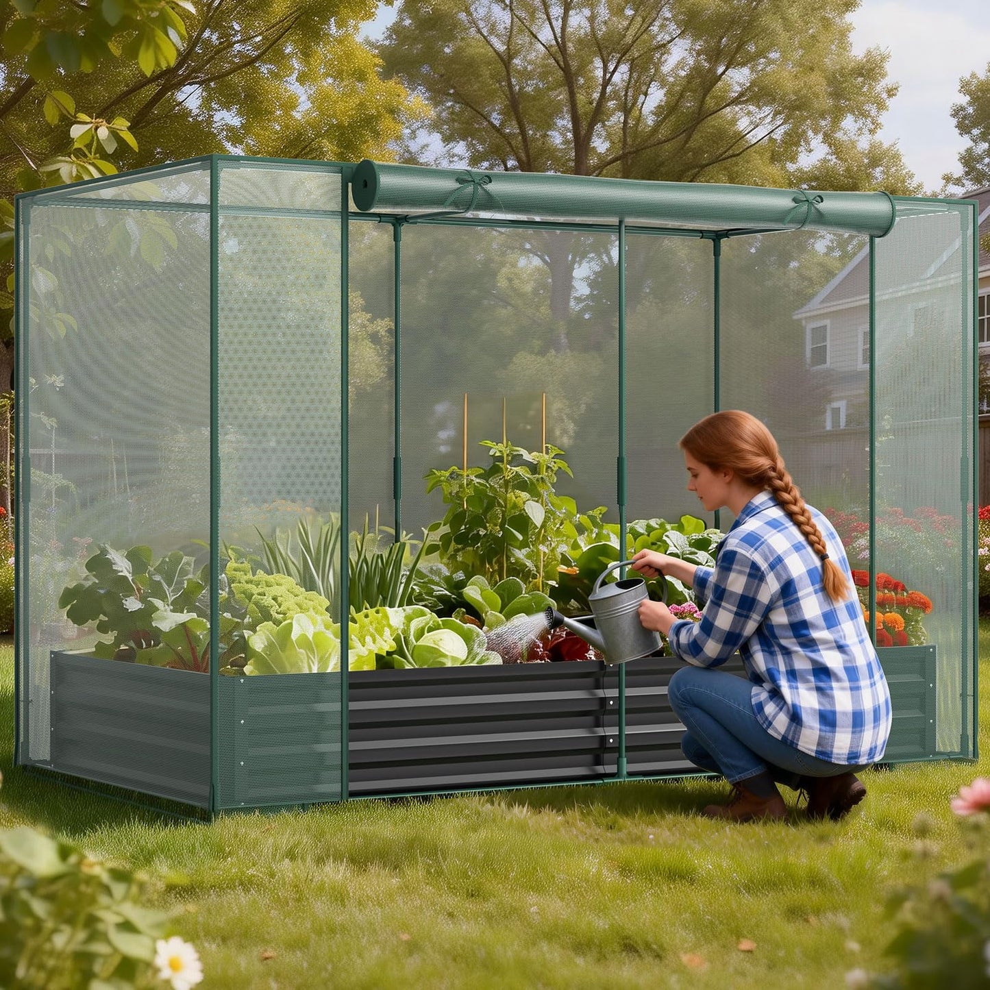 UrGROWA Galvanized Raised Garden Bed with Crop Cage Plant Protection Net Tent Kit for Garden Plant, 71"x35.4"x 59" Plants Protection Tent Cage Metal Planter Box Bottomless Planting Vegetables Outdoor
