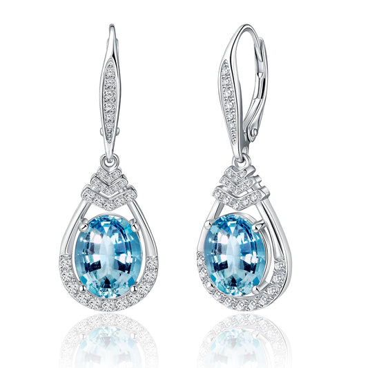 March Birthstone Blue Aquamarine Dangle Earrings Sterling Silver Teardrop Leverback Drop Earring for Women Wedding Jewelry for the Bride Oval Cut CZ Earrings Anniversary Birthday Gifts for Wife Mom