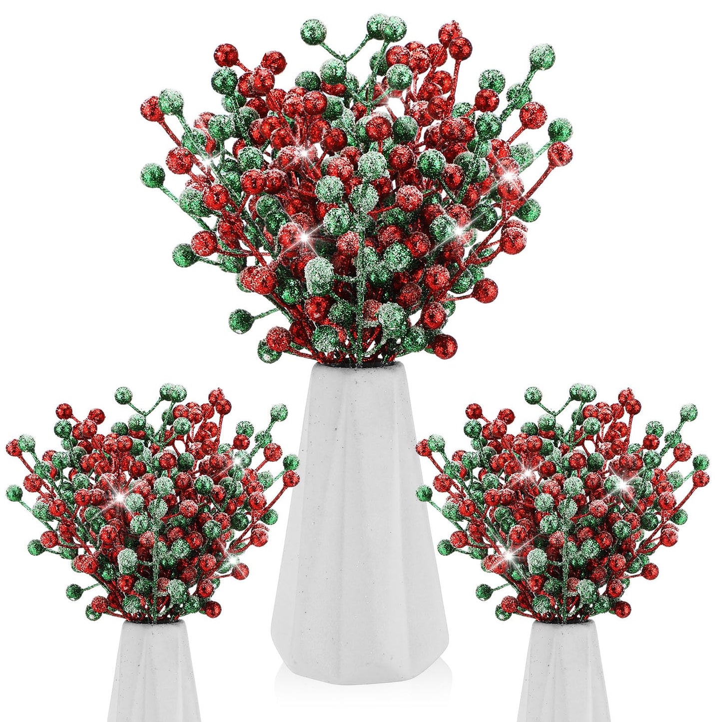 Geosar 30 Pieces Artificial Christmas Berry Picks with Snowflake Glitter Holly Berry Stems for Christmas Tree Ornaments Vases DIY Crafts Wedding Party Holiday Decor(Glitter Red, Light Green)