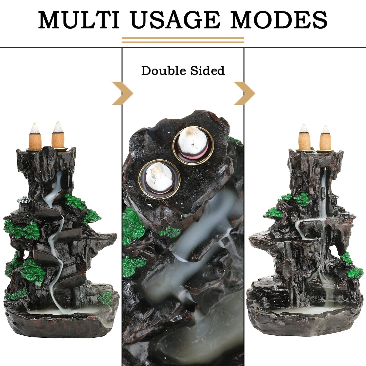 Jueison Dual Sided Mountain Backflow Incense Burner Resin Waterfall Incense Holders Cone Stick Holder with 120 Incense Cones + 30 Incense Sticks + 1 Mat + 1 Tweezers for Home Office Decor Gift